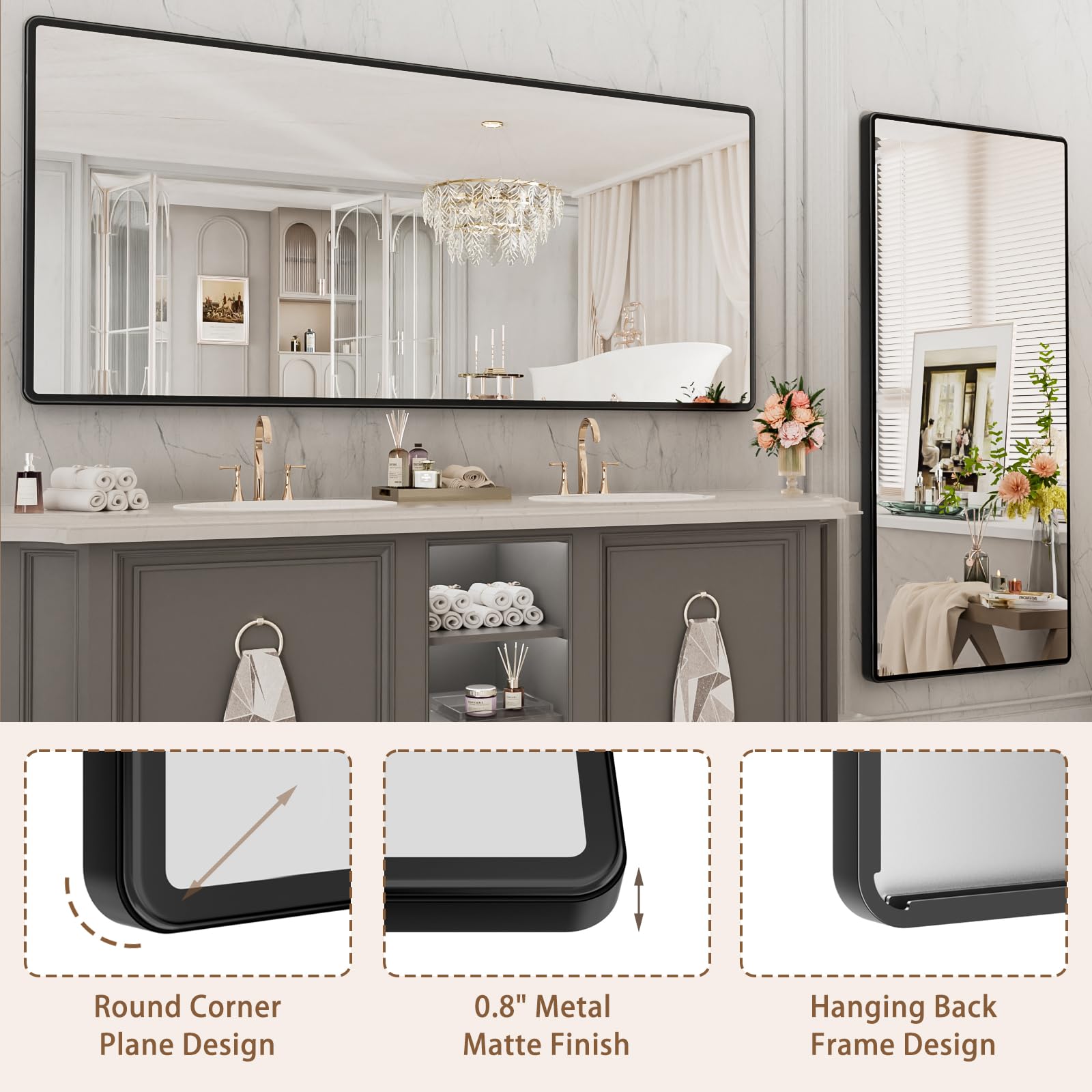 Pertetey New Upgrade 72X36 Inch Wall Mounted Bathroom Mirror, Black Metal Frame Rounded Rectangle Mirror, Bathroom Vanity Mirror