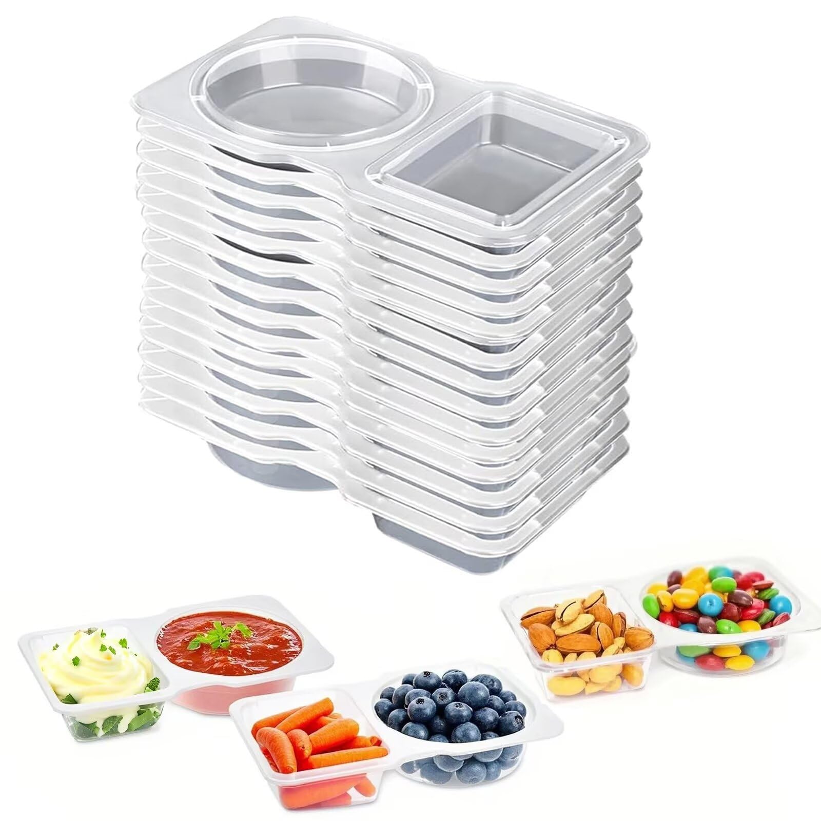 15Pcs Double Compartment Condiment Containers With Lids,2025 New 2 Compartment Reusable Plastic Snack Containers For Pack Snacks