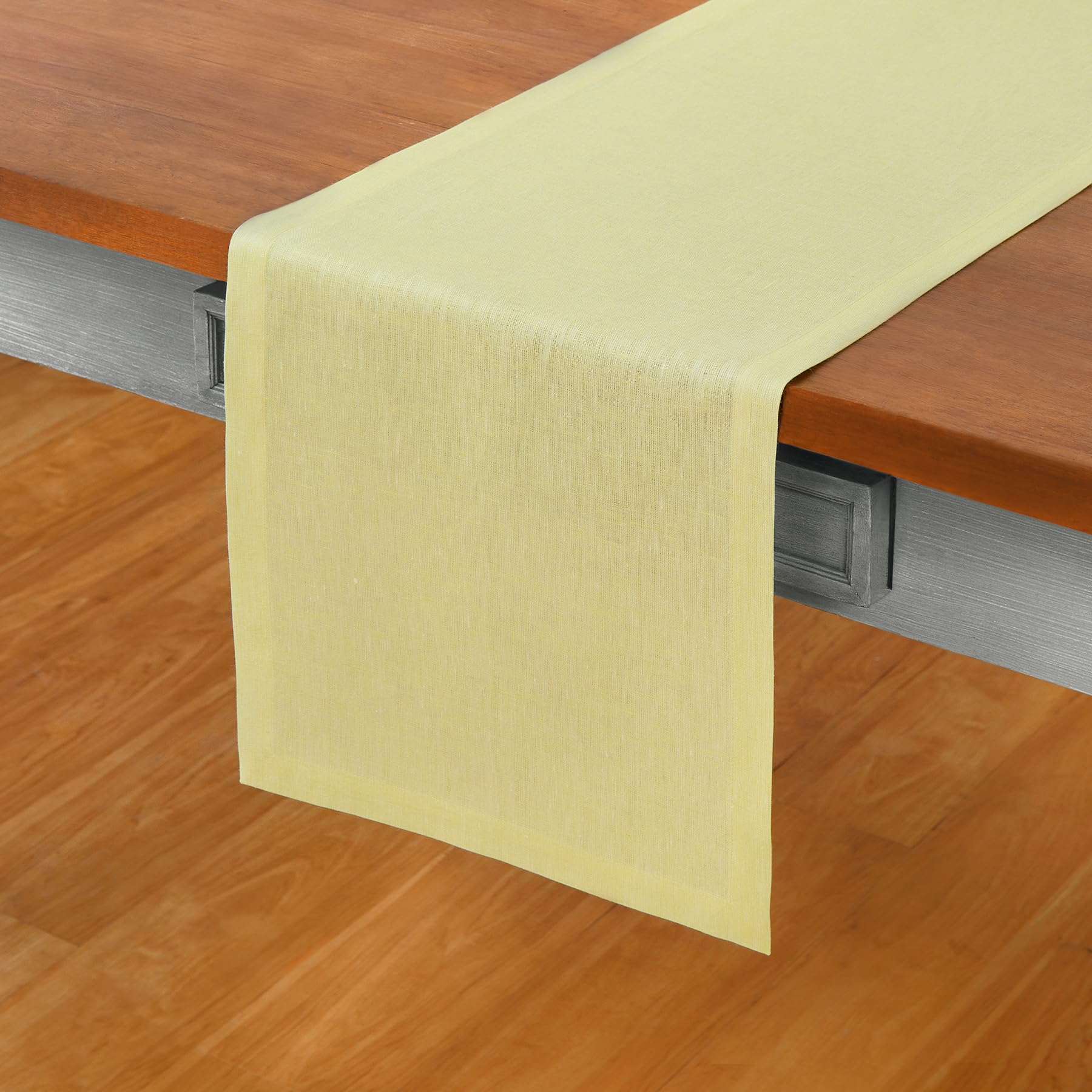Solino Home Linen Table Runner 60 Inch - 100% Pure Linen Chambray Yellow Short Table Runner 14 X 60 Inch Ideal For Dresser And C