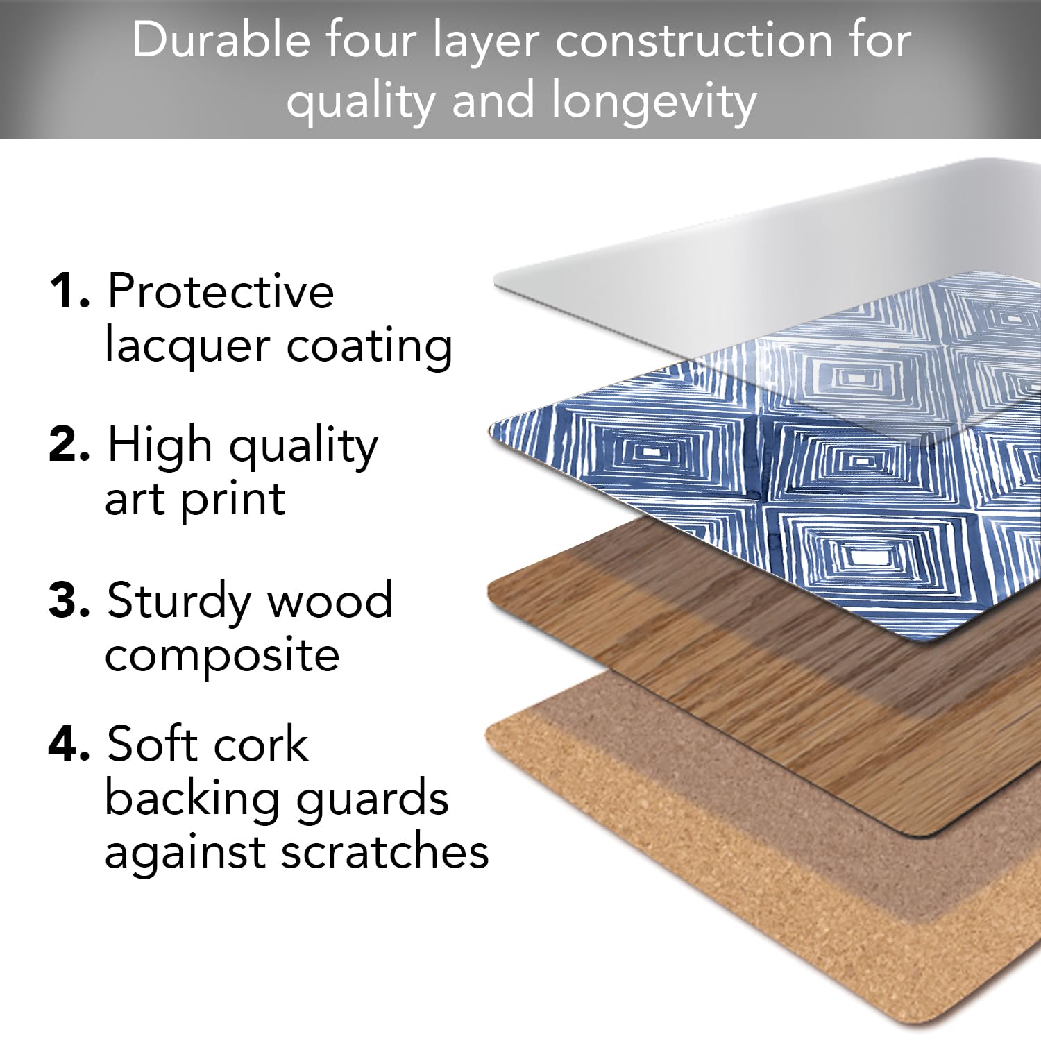 Counterart Indigo Diamond Decorative Hardboard Placemats With Protective Cork Backing 4 Pack Layered Construction Heat Tolerant
