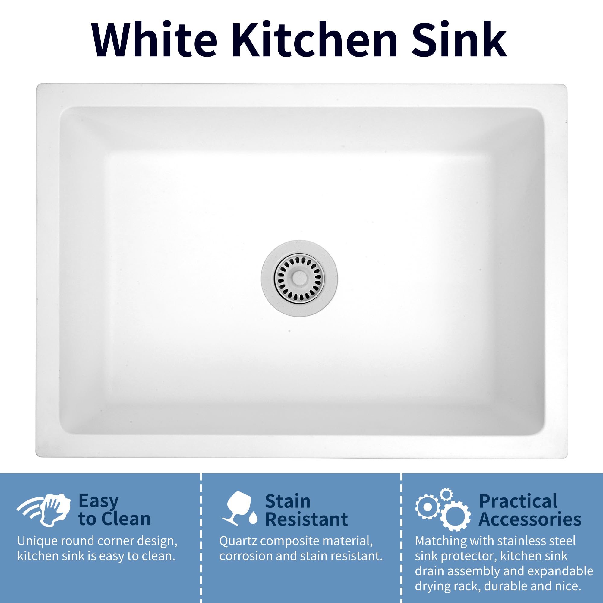 Monsinta Undermount Kitchen Sink, 27 Inch White Granite Composite Sink, Kitchen Sink, Small Kitchen Sink With Accessories, Grani