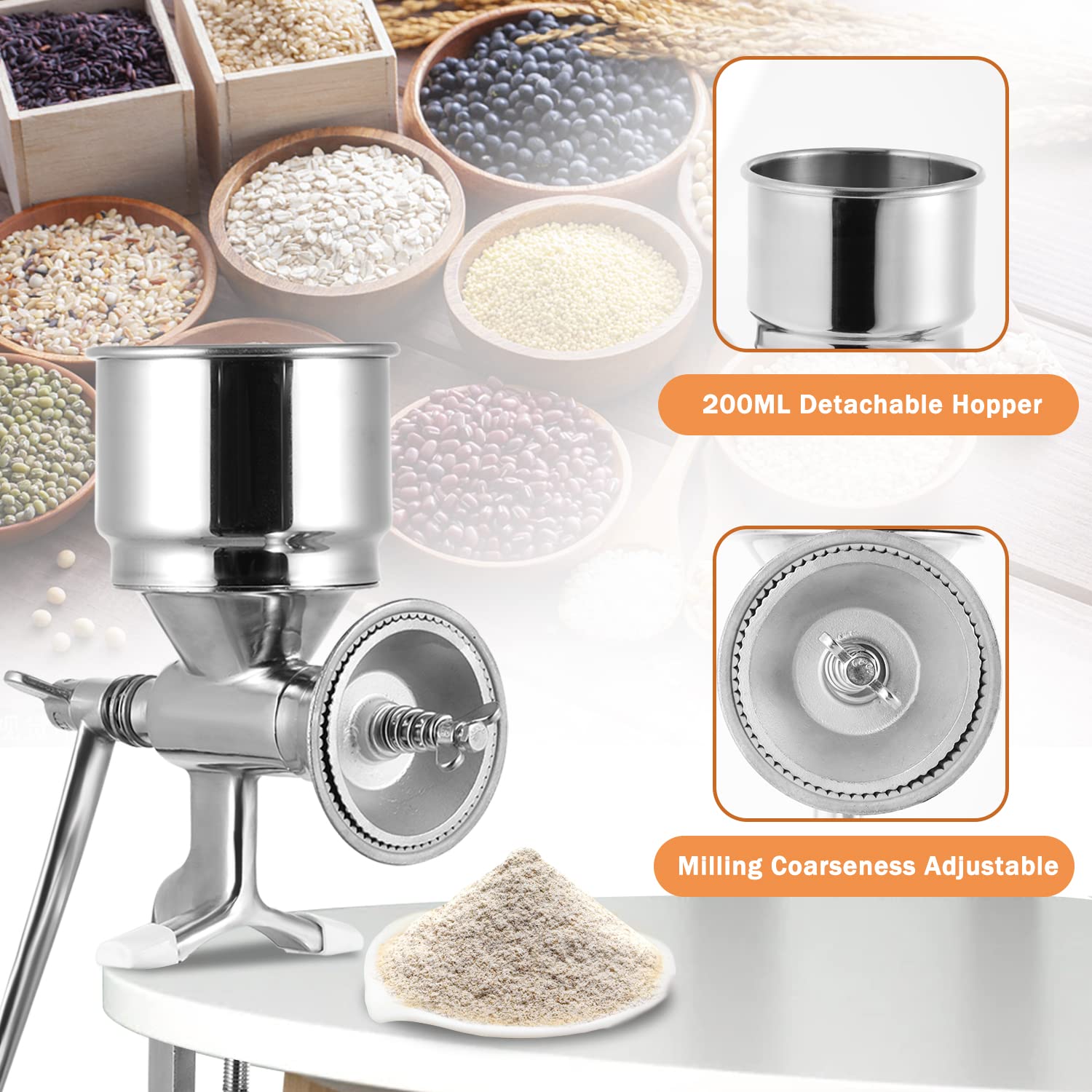 Moongiantgo Hand Grain Mill Manual Coffee Grinder Coarseness Adjustable Stainless Steel Hand Crank Grinding Tool With Table Clam