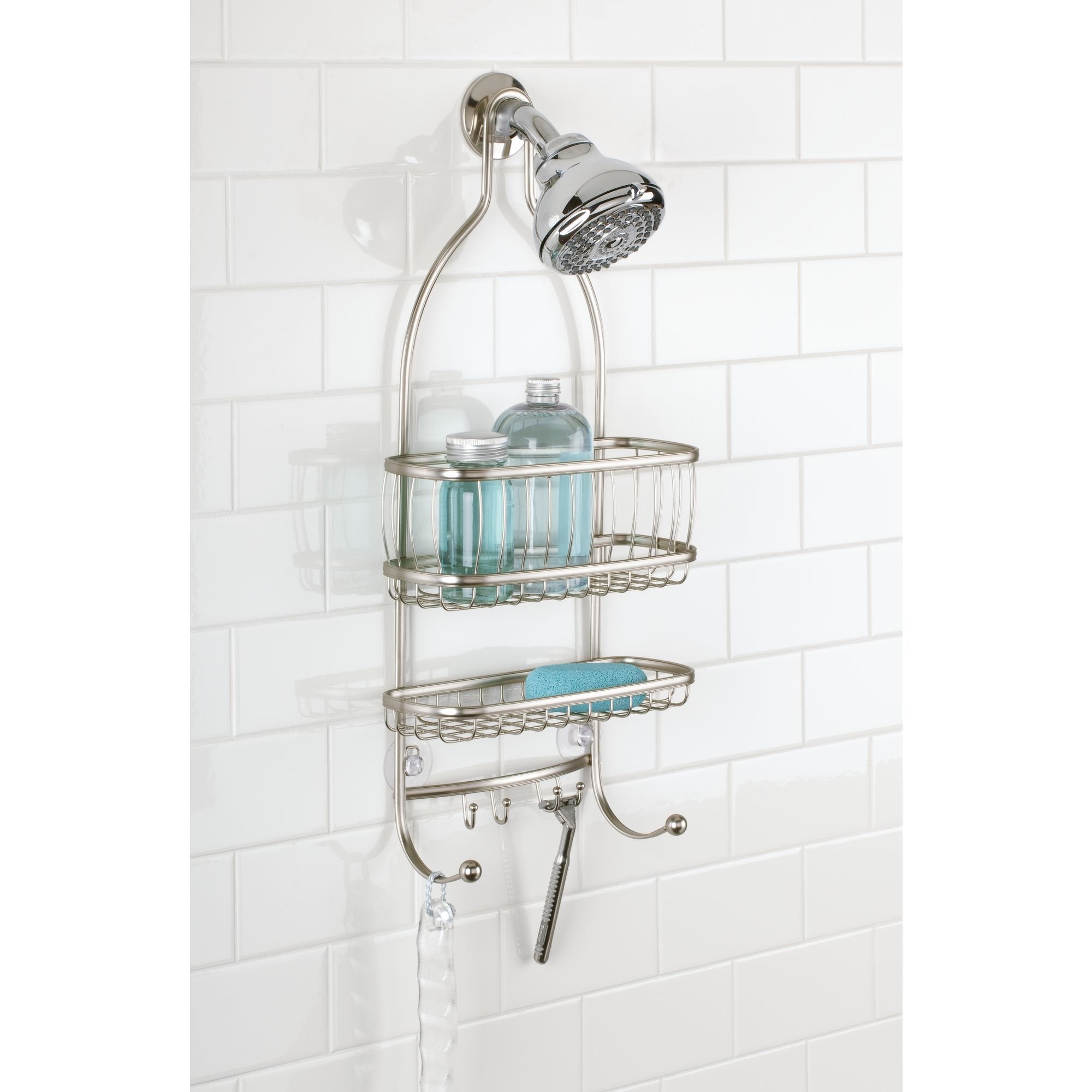 iDesign York Metal Wire Hanging Shower Caddy  Extra Wide Space for Shampoo  Conditioner  and Soap with Hooks for Razors  Towels  and More  10'' x 4'' x 22''  Satin Silver