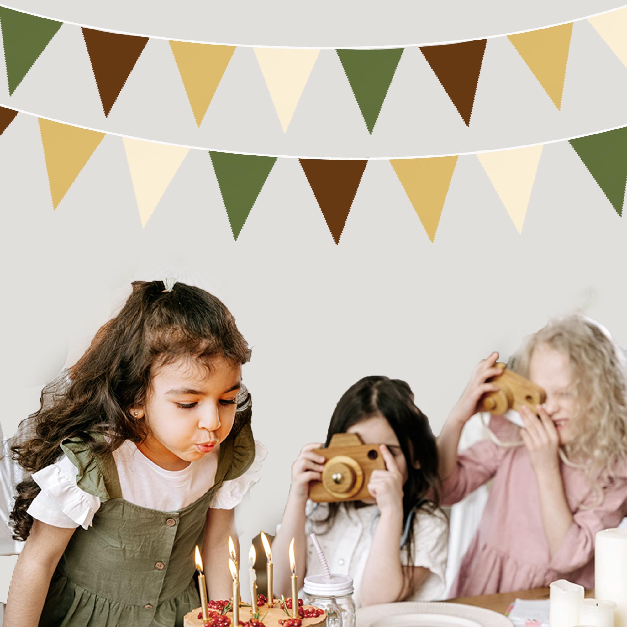 32Ft Woodland Party Decorations Olive Green Tan Brown Cream Neutral Triangle Flag Fabric Banner Pennant Bunting Garland Streamer
