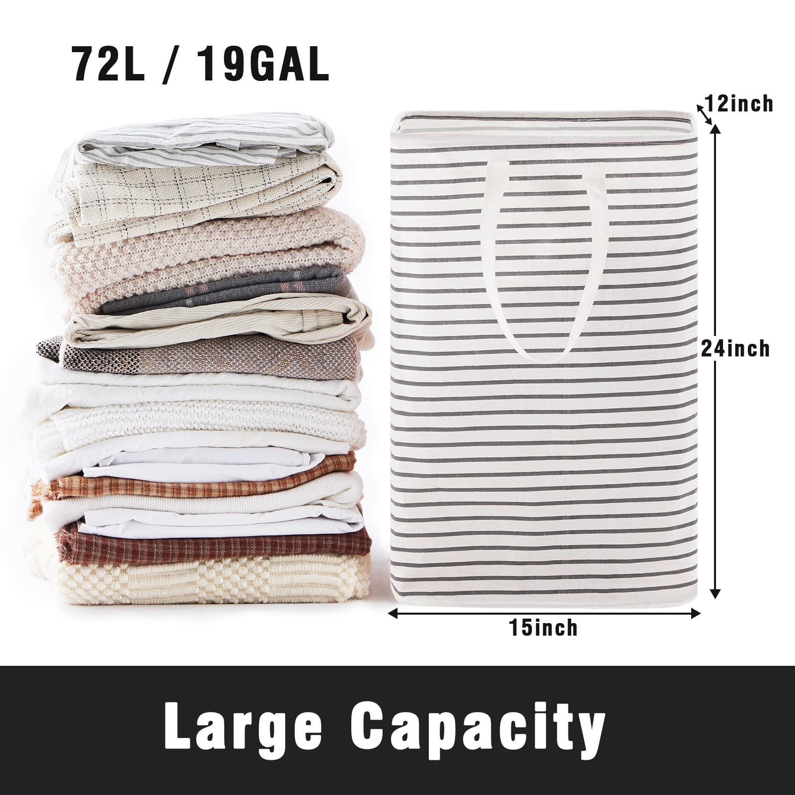 72L Large Collapsible Laundry Basket, Freestanding Clothes Hamper With Easy Carry Long Handles, Waterproof Washing Bag For Bedro