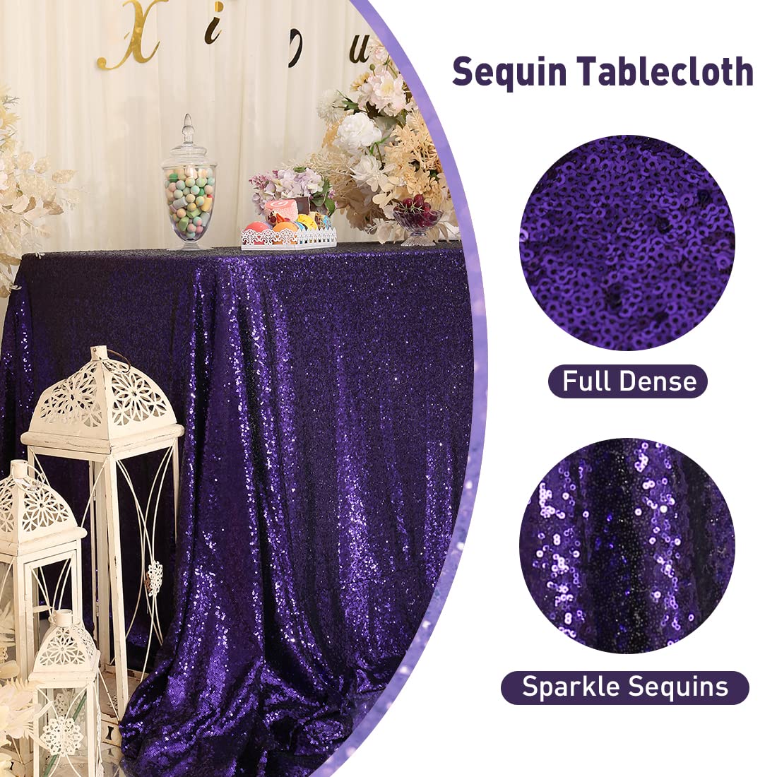Poise3Ehome 50A72 Rectangle Purple Sequin Tablecloth For Party Cake Dessert Table Exhibition Events, Purple