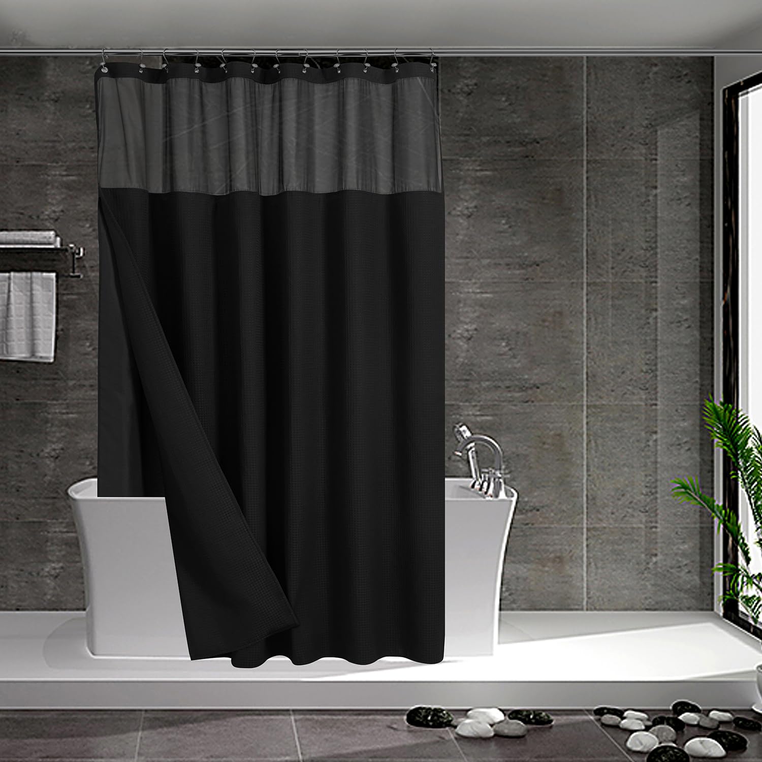N&Y Home Waffle Weave Shower Curtain With Snap-In Fabric Liner & 12 Black Hooks Set - Hotel Style, Water-Repellent & Washable, M