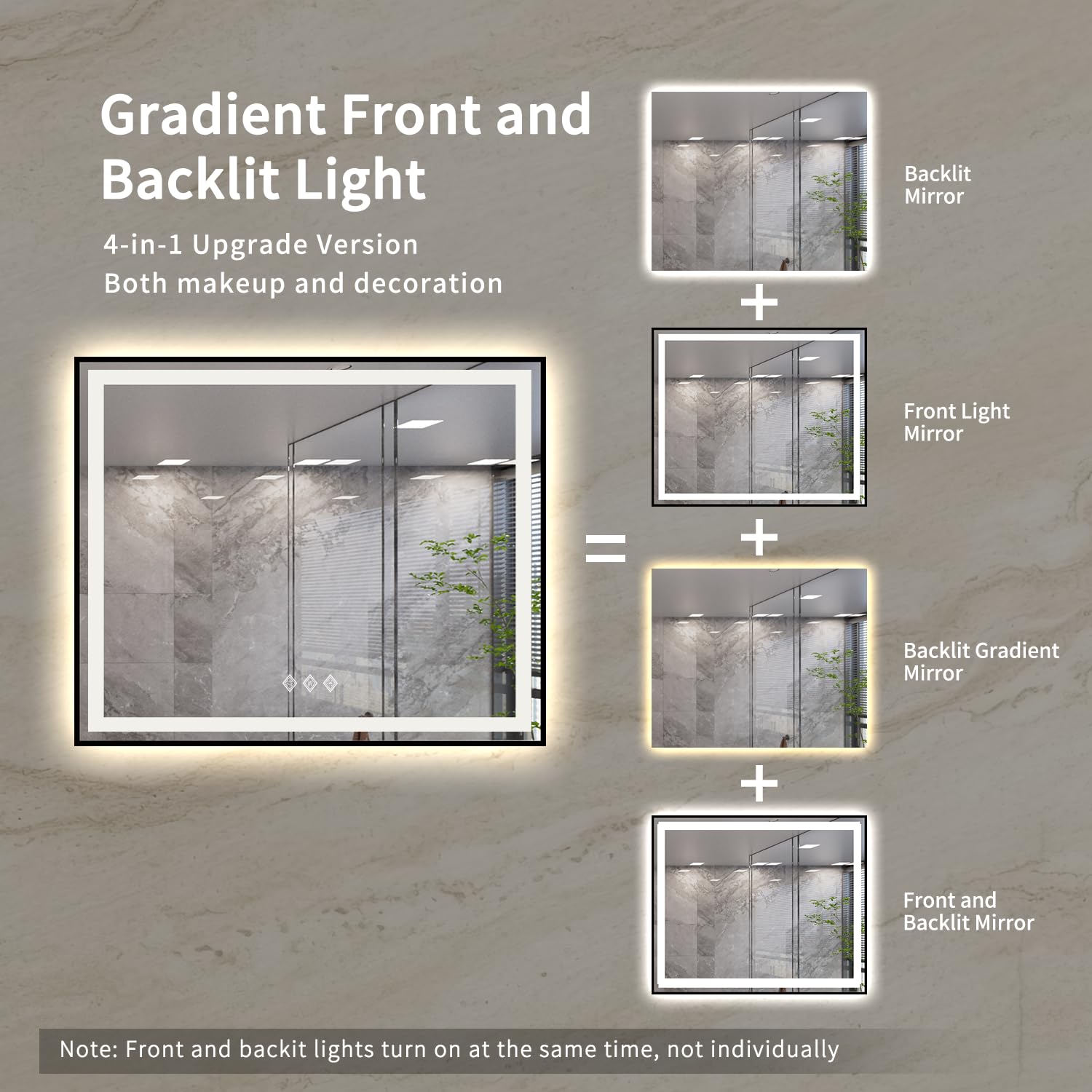 Vanpokins Bathroom Mirror Frame, 48X40 Inch Black Framed Gradient Front And Backlit Led Bathroom Mirror, 3 Colors Dimmable Cri>9