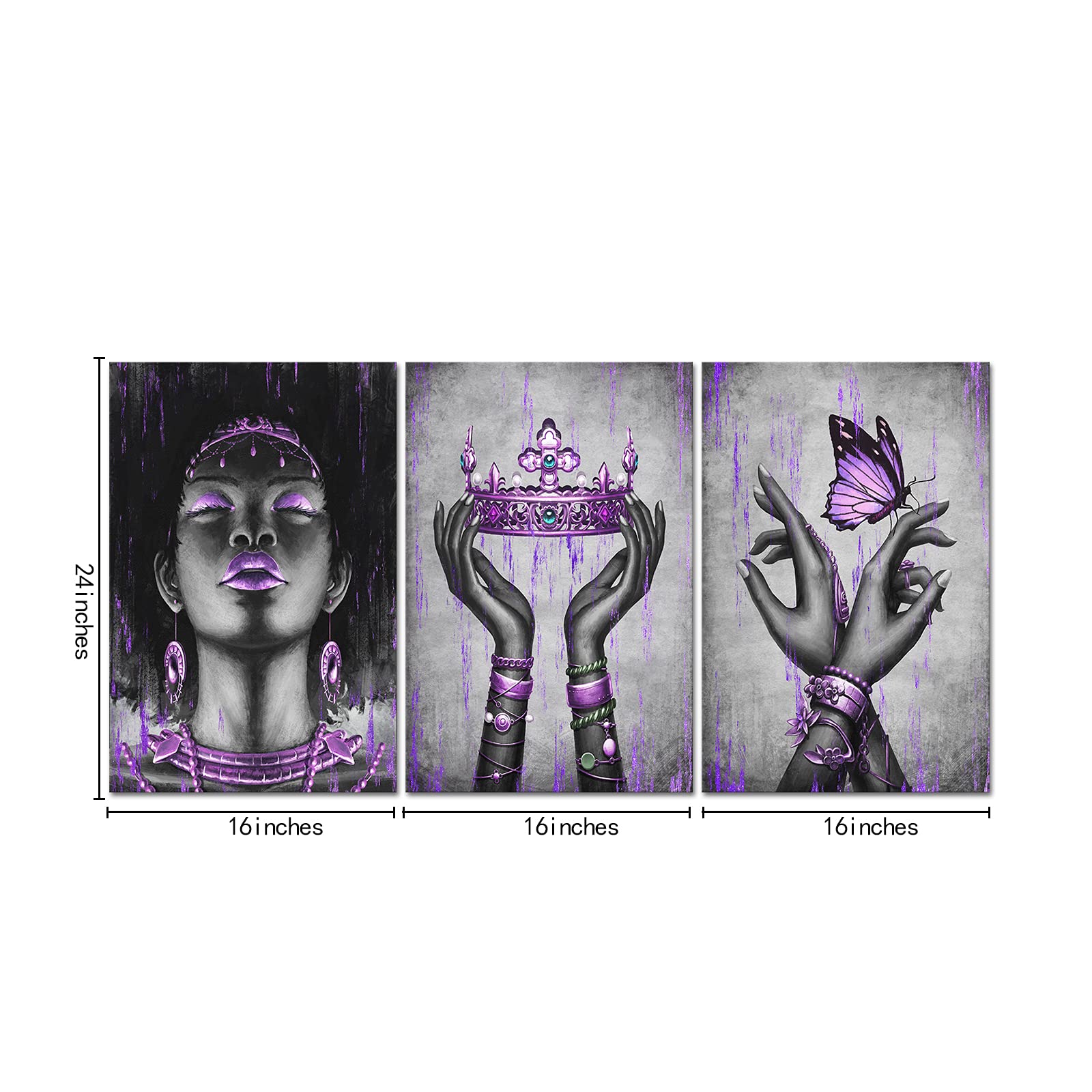 Kalormore Black American Woman Canvas Wall Art Giclee Prints Elegant Woman With Purple Queen Crown Butterfly Painting Picture Ar