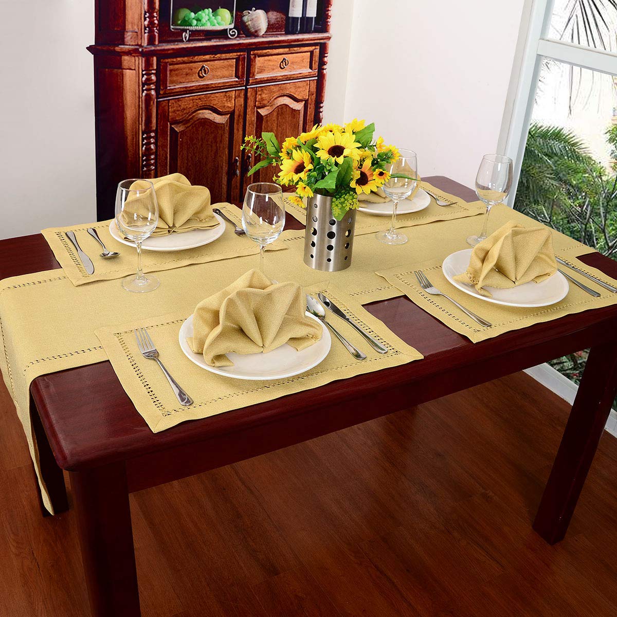 Grelucgo Handcrafted Solid Color Dining Table Runner, Dresser Scarf, Double-Hemstitched (Yellow, 14 X 72)