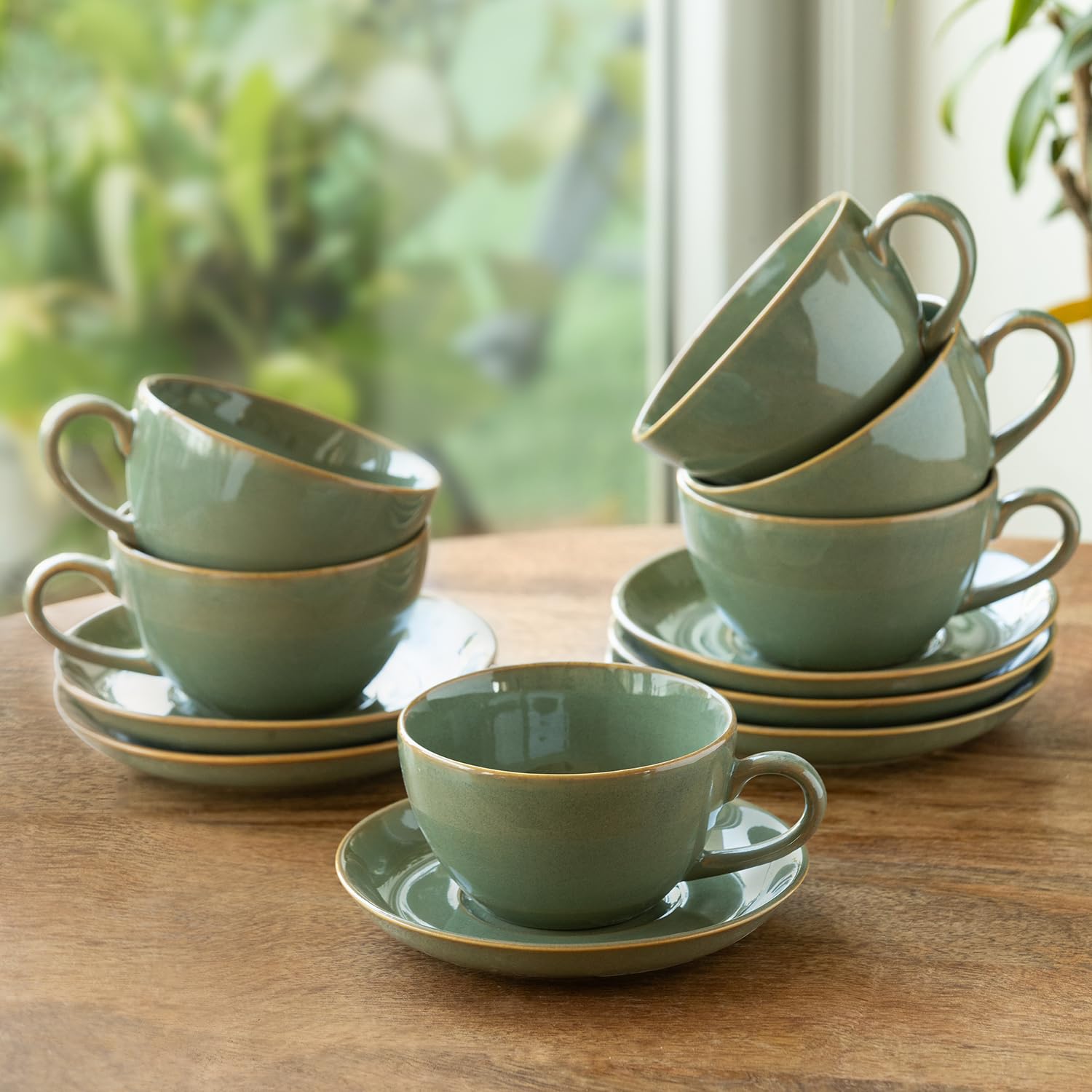 ExclusiveLane Sage Serenity Hand Glazed Porcelain Tea Cups Set of 6 with Saucer Cappuccino Coffee Cups Chai Tea Cup (Porcelain