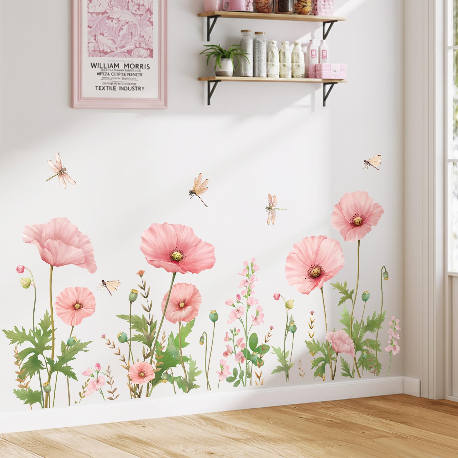 SHUCHING Pink Flower Wall Decals Peel and Stick, Vinyl Poppy Floral Wall Sticker, Wall Decor Art for Girl Bedroom Living Room