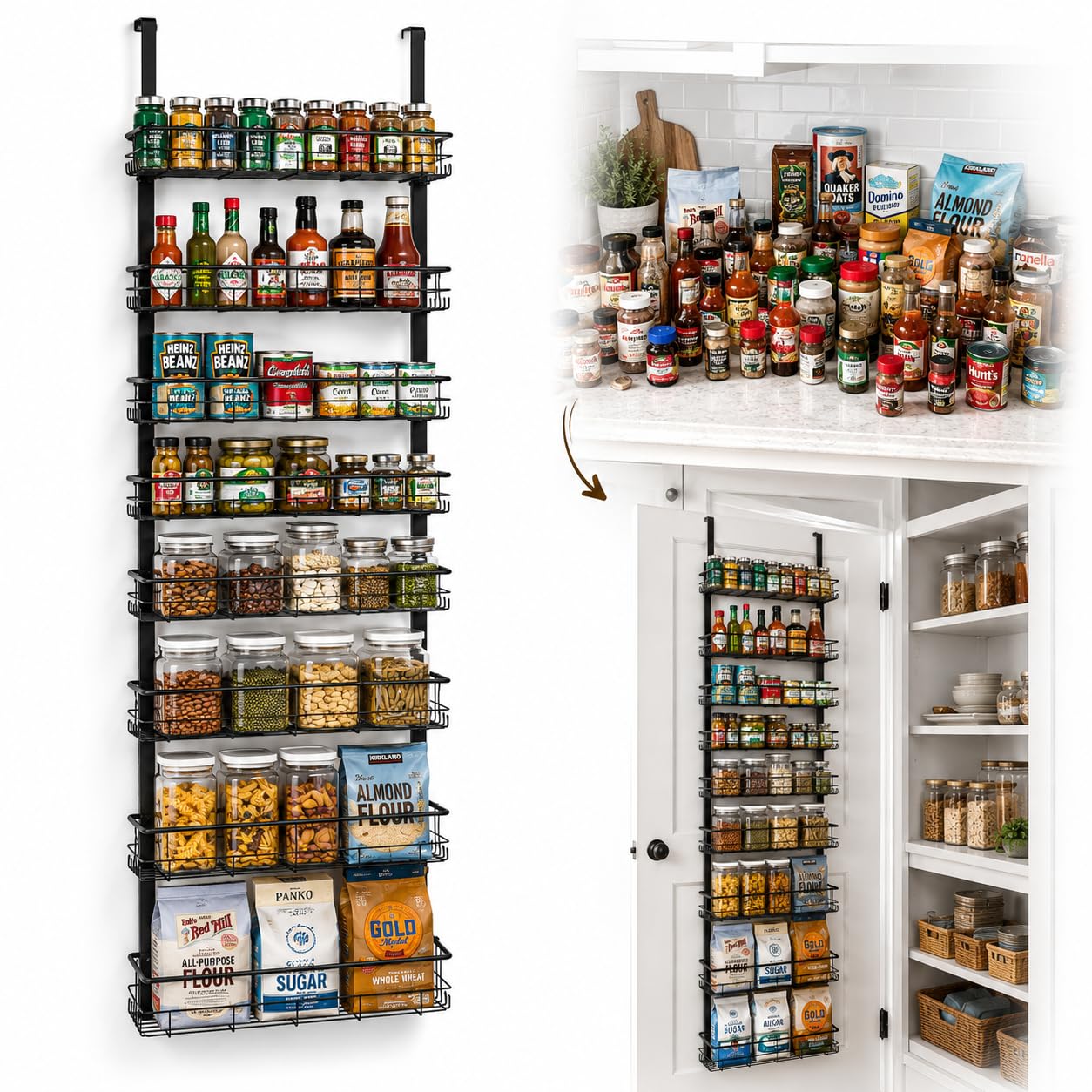 Pantry Door Organizer, 9Tier Over The Door Pantry Organizer for Kitchen Pantry Storage, Adjustable Metal Hanging Spice Rack wit