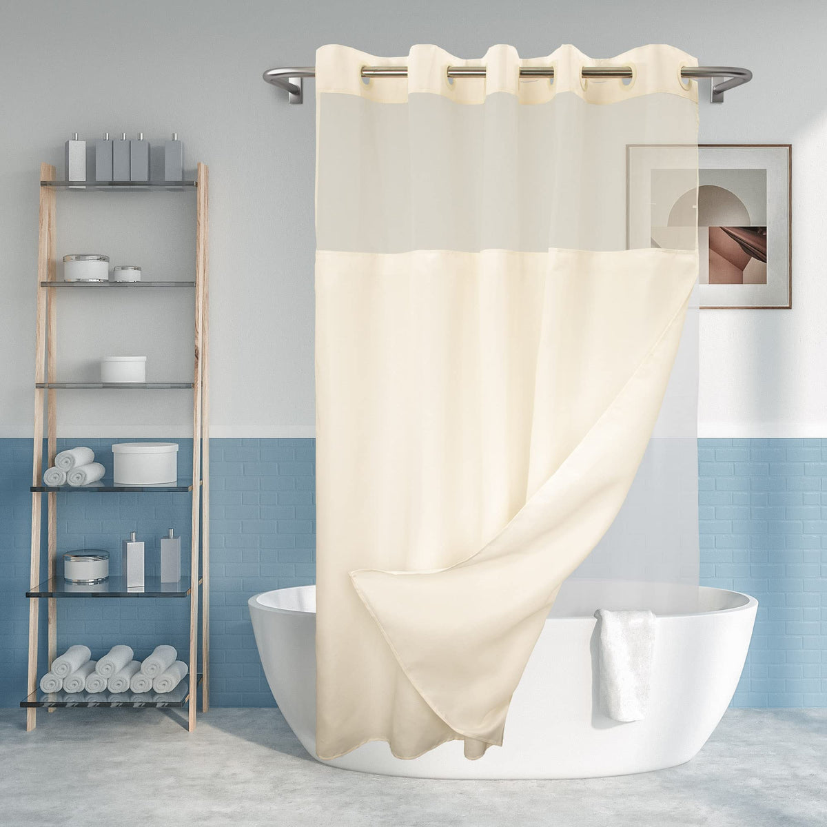 No Hook Slub Textured Shower Curtain With Snap-In Peva Liner Set - 71'' X 74''(72''), Hotel Style Cream Shower Curtain With Shee