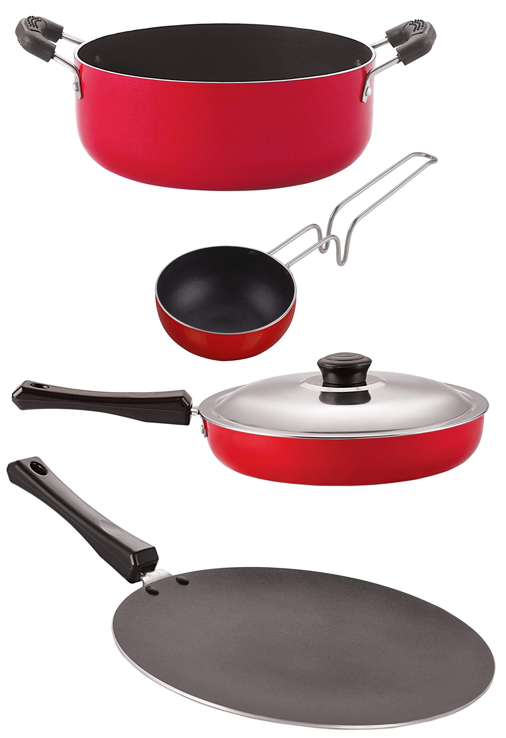 Nirlon Aluminium Non Stick Kitchenware Cooking Utencil Combo Set,4 Pieces (Red & Black) (Ct12_Fp13_Vg_Cs24)