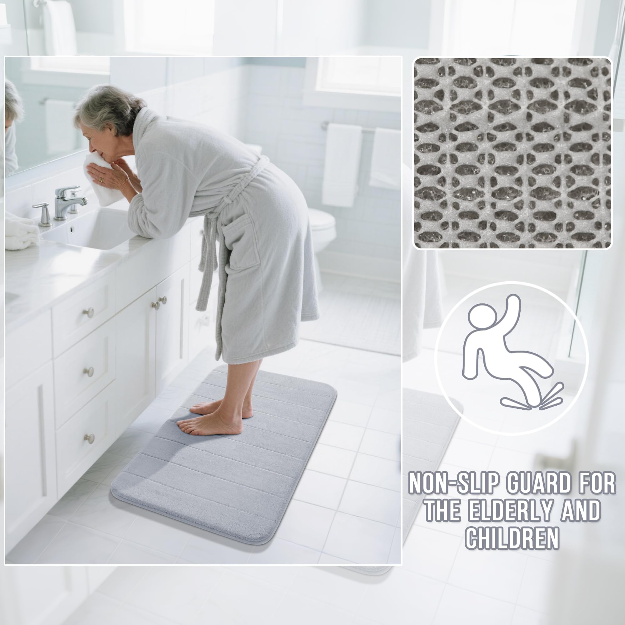 Yimobra Memory Foam Bath Mat Large Size  Soft and Comfortable  Super Water Absorption  Non-Slip  Thick  Machine Wash  Easier to Dry for Bathroom Floor Rug (36.2 x 24 Inch  Silver)