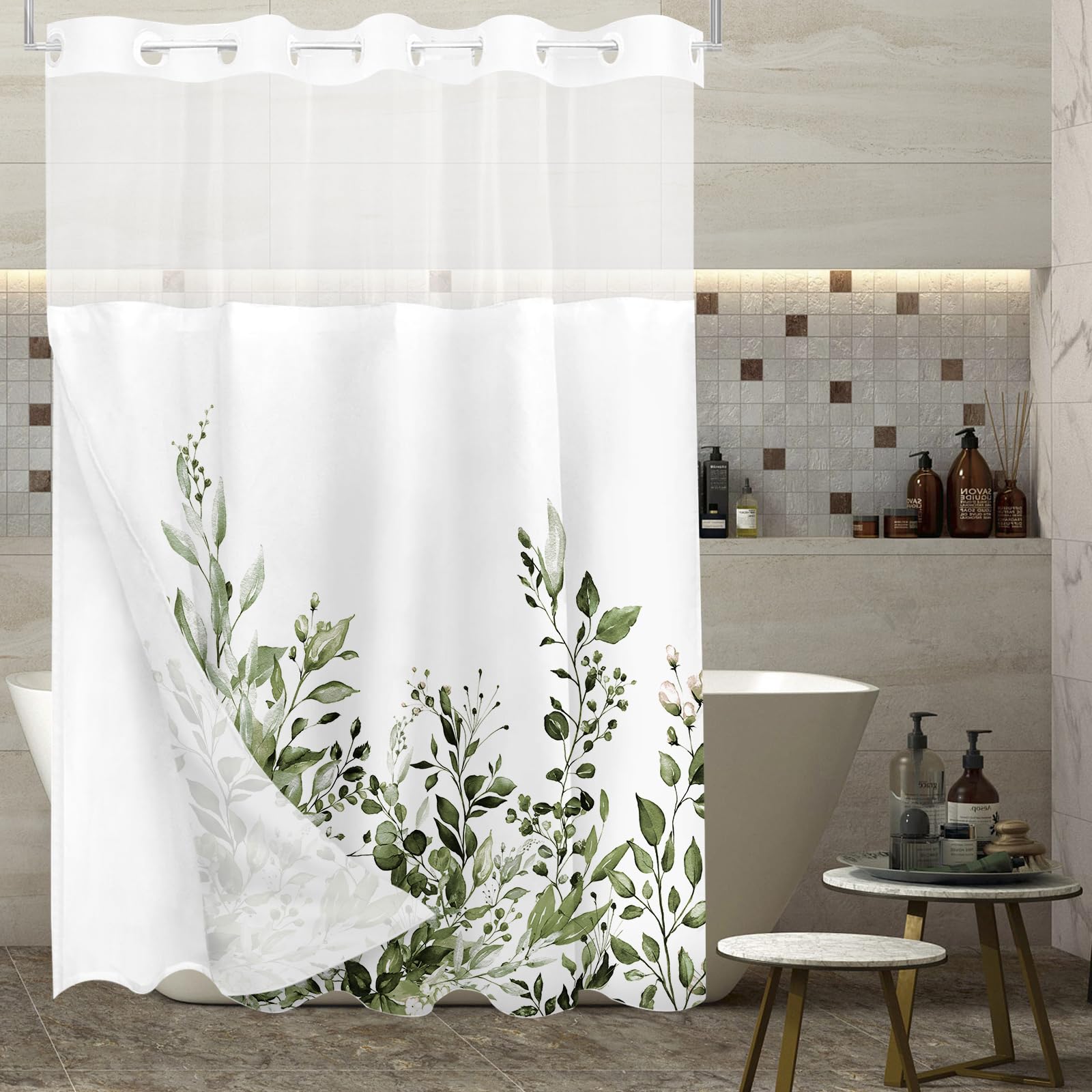 Tititex No Hooks Snap In Liner Olive Green Eucalyptus Leaves Shower Curtain Sets, Hotel Luxury Double Layers Waterproof Fabric &