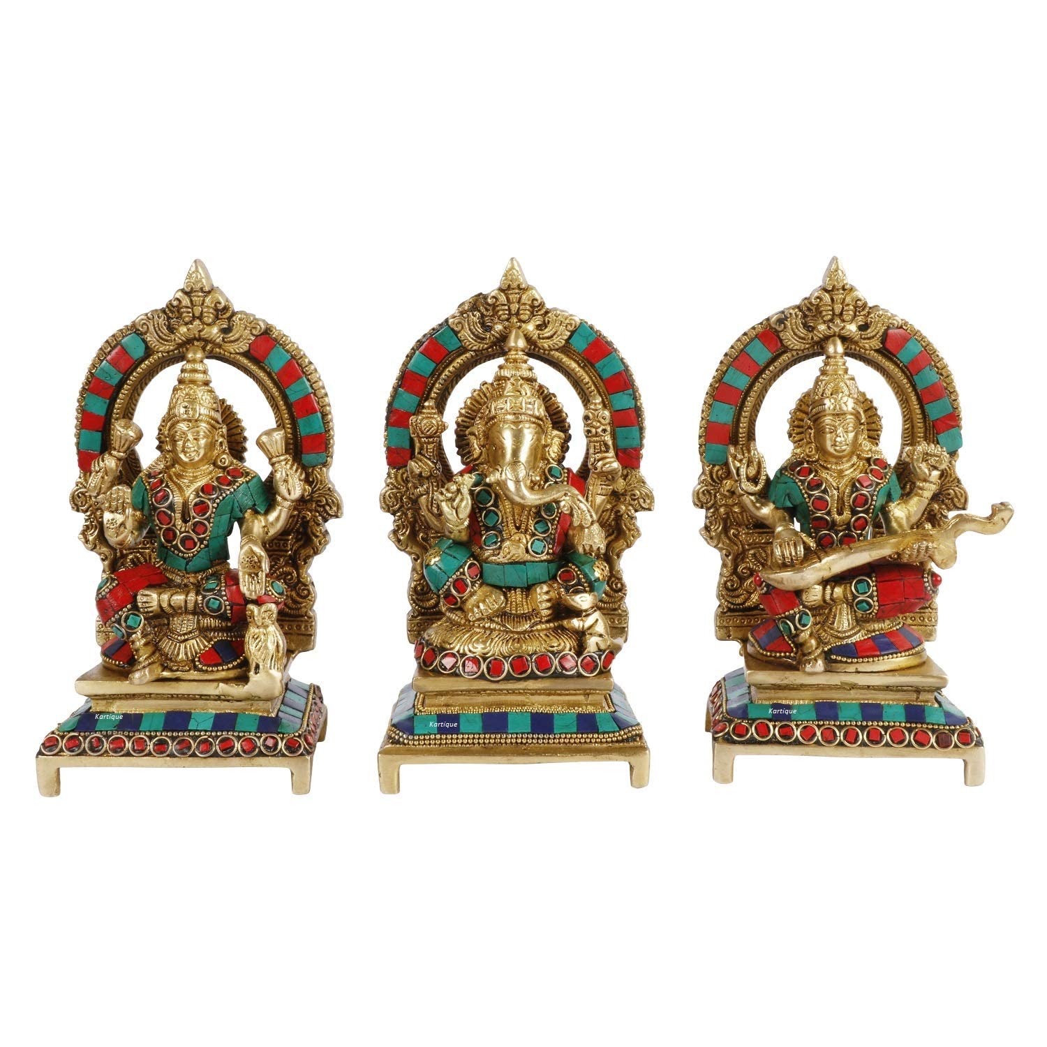 Kartique Brass Laxmi Ganesh Saraswati Bhagwan Idol Ganpati Murti Metal Statue With Frame For Home Office Success Entrance Decor