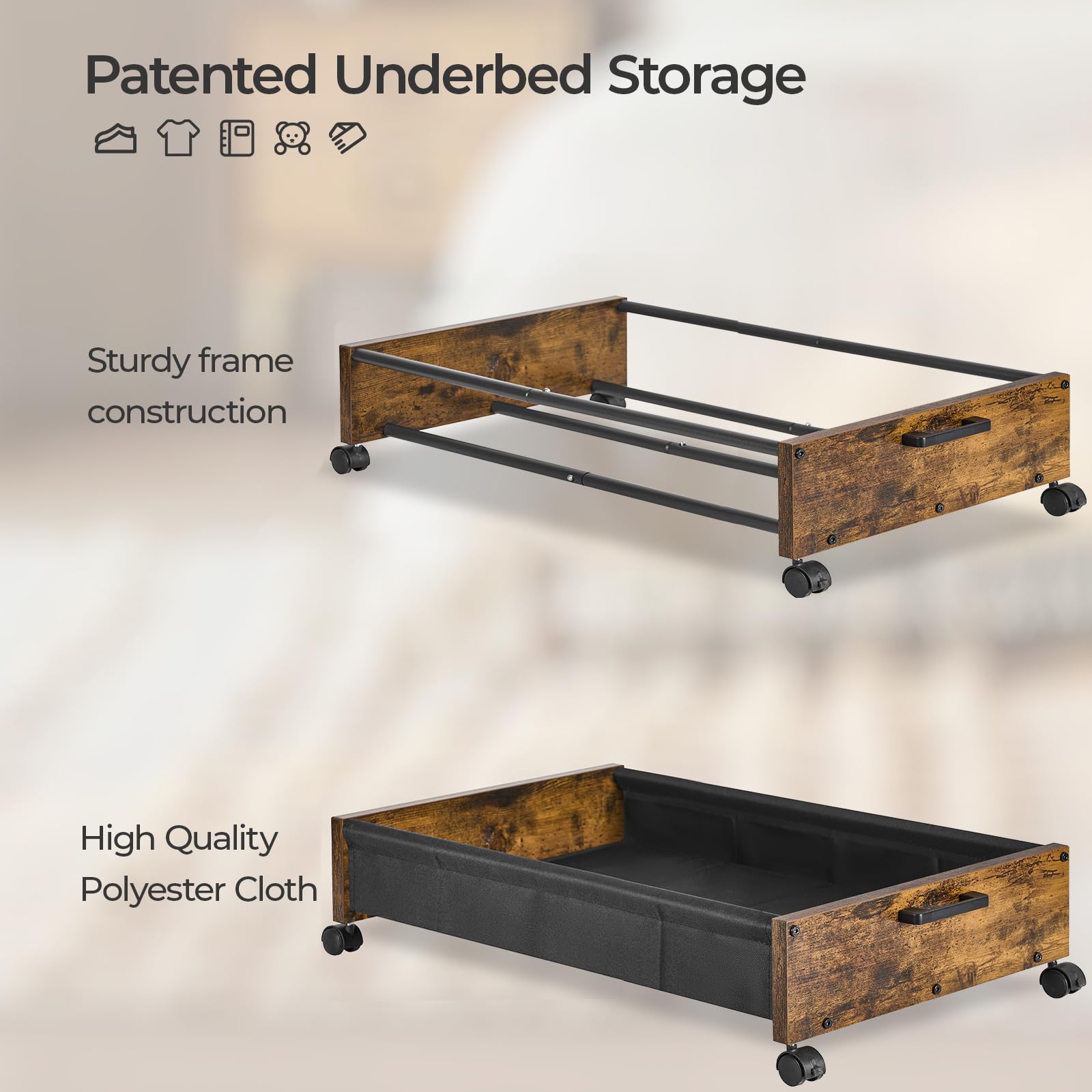 FOUCSSOMEI Under Bed Storage with Wheels, Longer Size 31.5'' in, under bed Storage Containers, Storage Box, Wooden Under Bed Dra