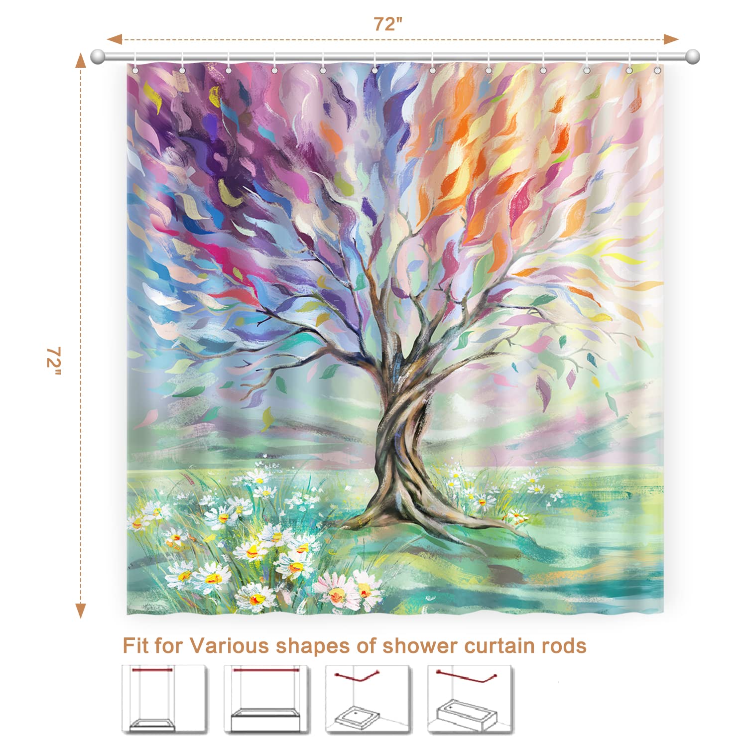 Oil Painting Tree Shower Curtain, Colored Seasons Tree Shower Curtain For Bathroom With 12 Hooks, Polyester Fabric Washable Show