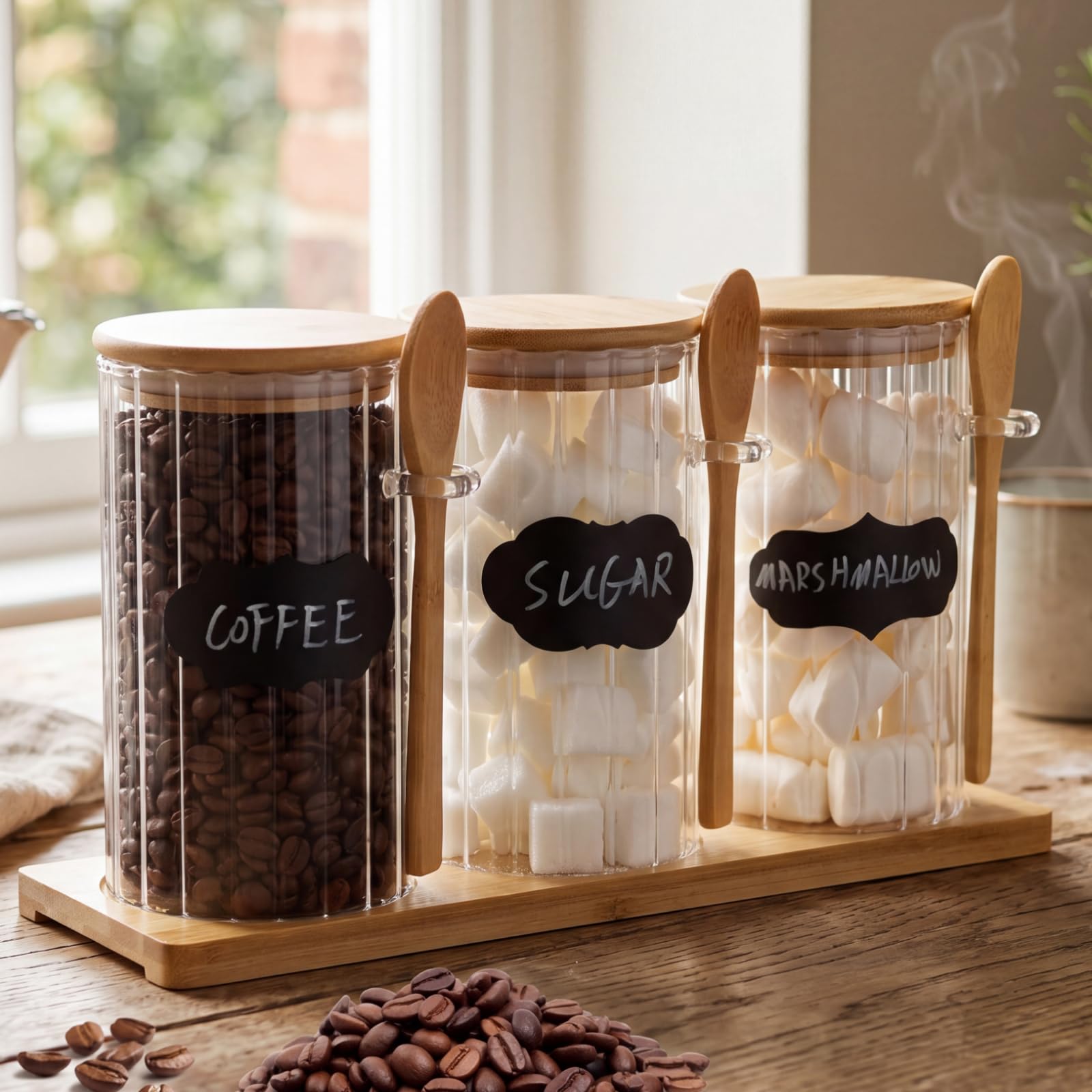 Yiyiring Set of 3 Glass Coffee Container with Bamboo Lids Spoons Labels 25 oz Clear Airtight Jar Food Storage Canister Set for C