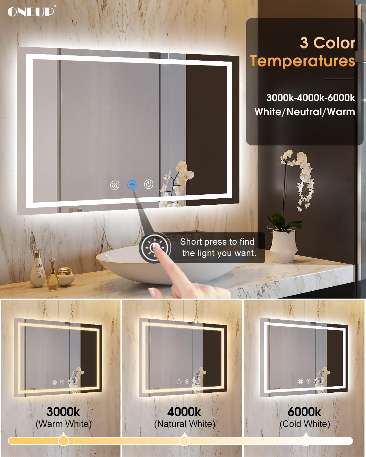 Oneup 48X36'' Led Bathroom Mirror,Lighted Bathroom Mirror With Lights,Dimmable 3 Colors Temperature,Anti-Fog,Modern Led Vanity M