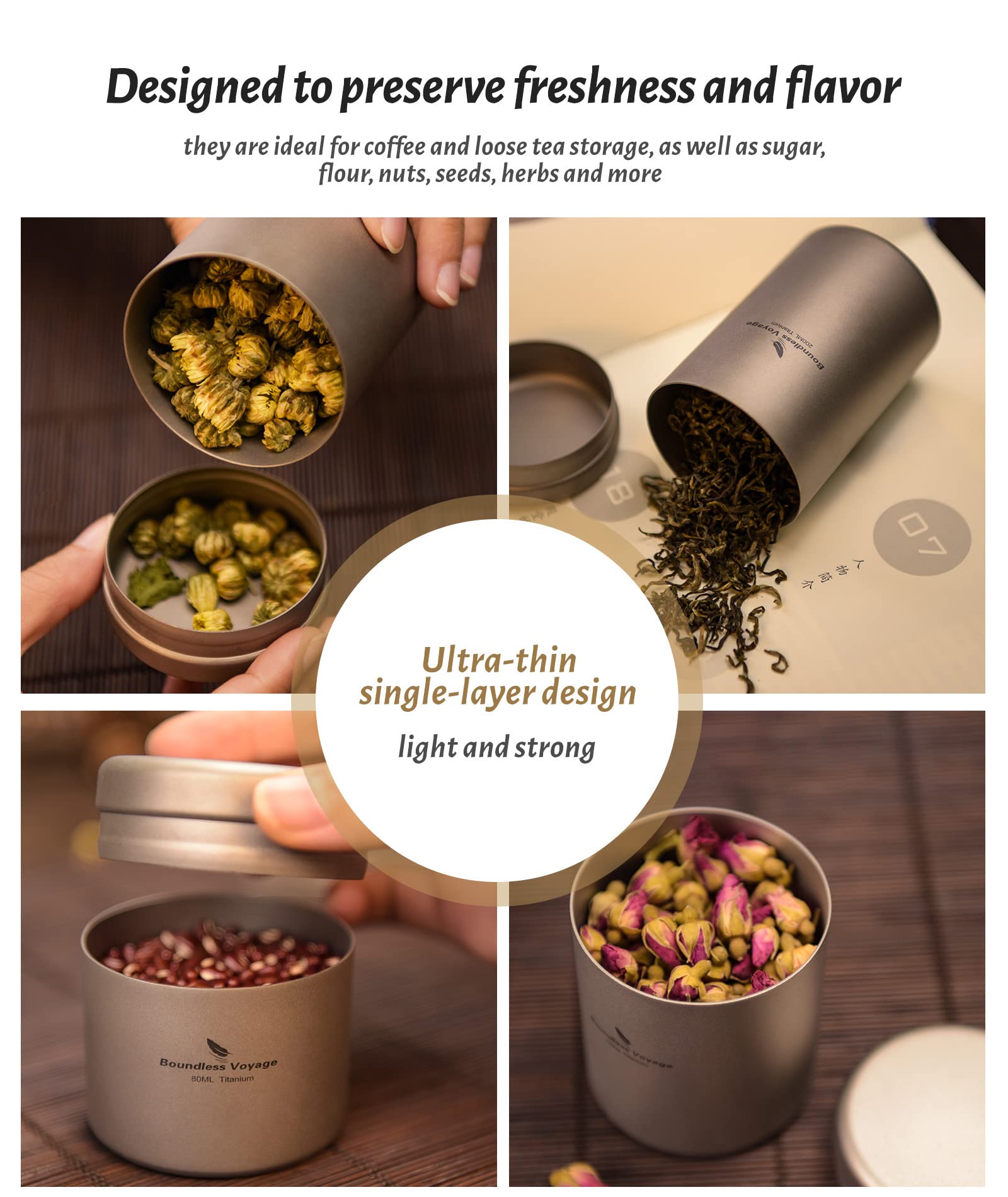 Boundless Voyage Titanium Small Tin Can Box Canister Tea Tins Coffee Tins Food Storage Container for Herb  Candy  Chocolate  Sugar  Spices  Beans 200ml Ti3210D