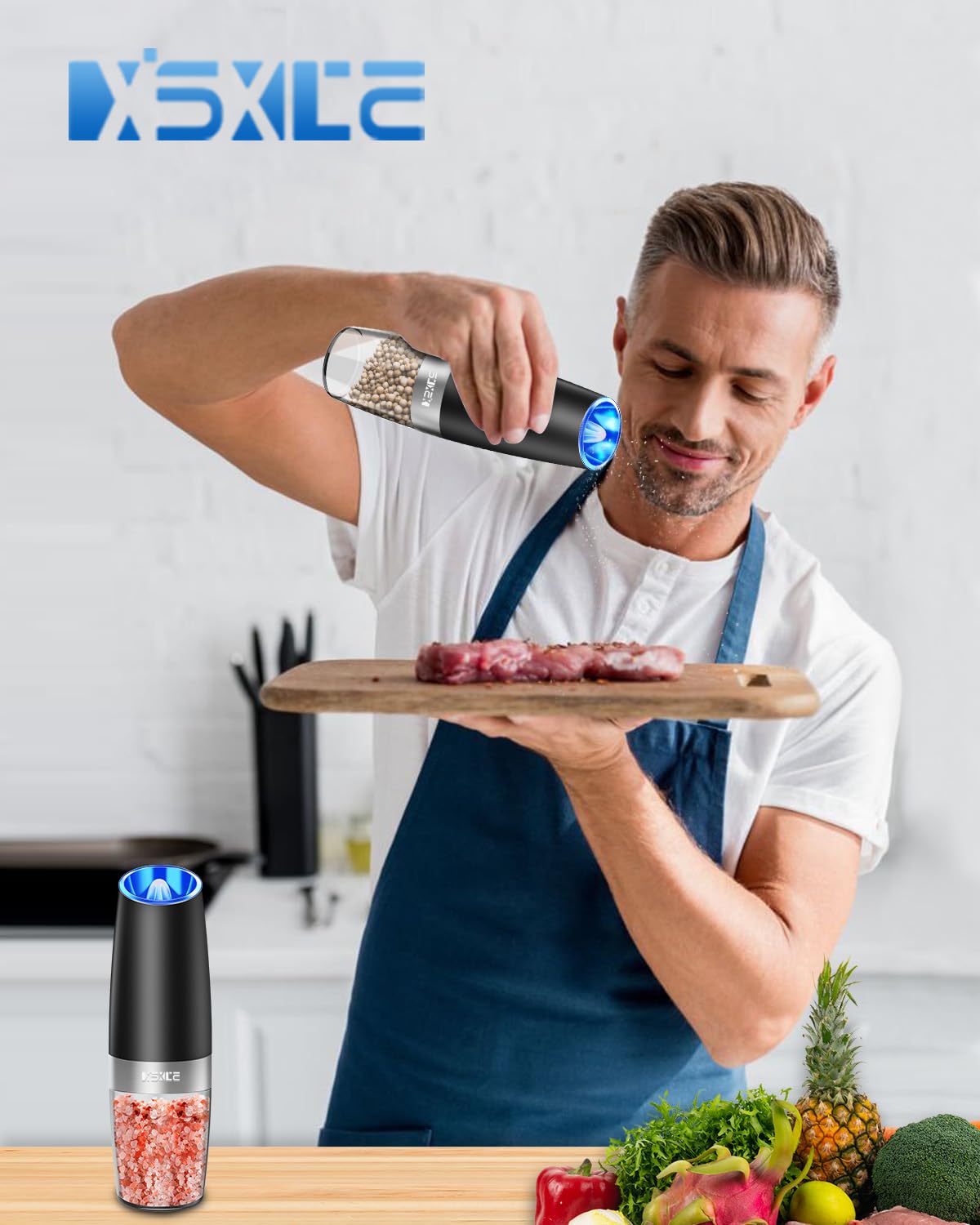 XinXu Gravity Electric Pepper and Salt Grinder Set, Adjustable Coarseness, Battery Powered with LED Light, One Hand Automatic Op