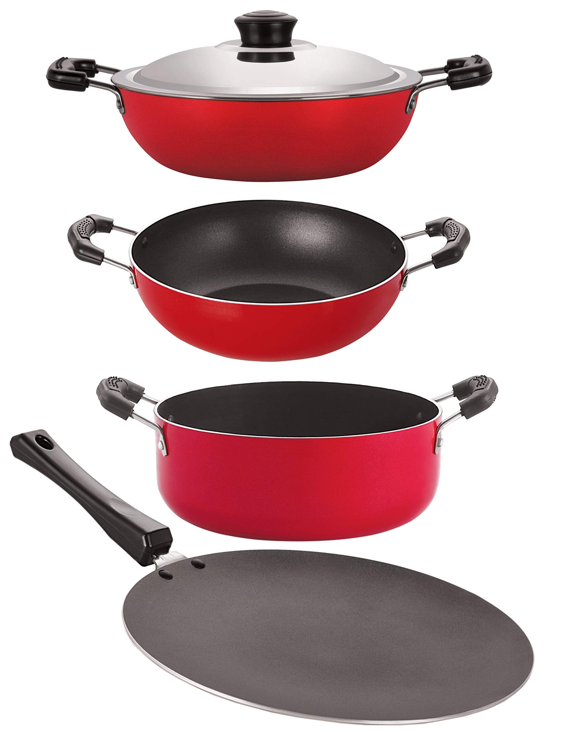 Nirlon Aluminium Nonstick Cookware 4 Pieces Set, Red (1 Concave Tawa 27.5Cm /1 Kadhai 2.5 Ltr/1 Deep Kadhai(J) Steel Lid 3.6 Ltr
