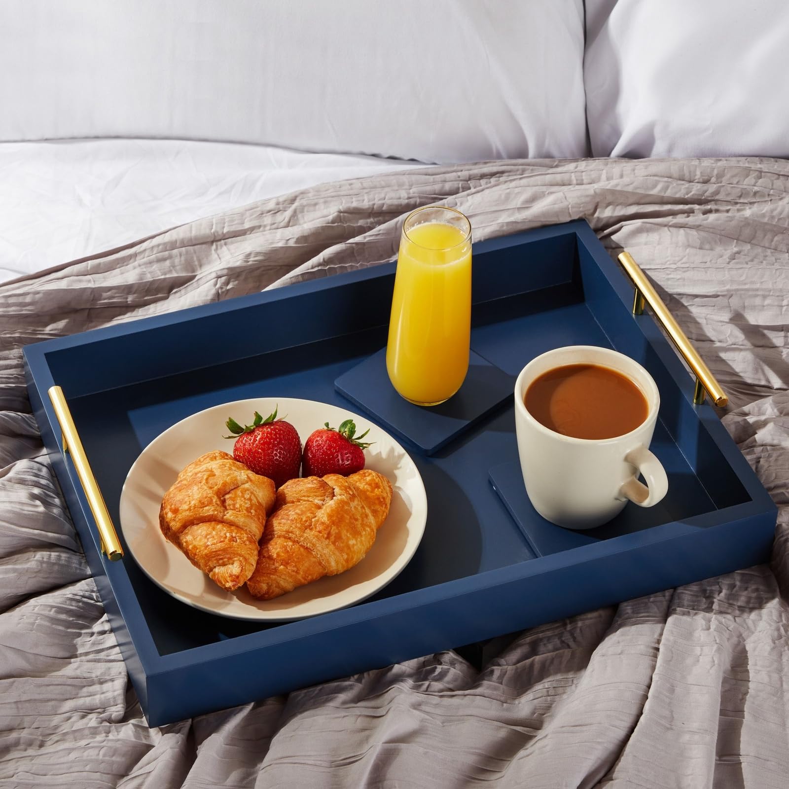 White Serving Tray For Coffee Table, 16X12 With Coasters, Decorative Interchangeable Gold And Silver Handles