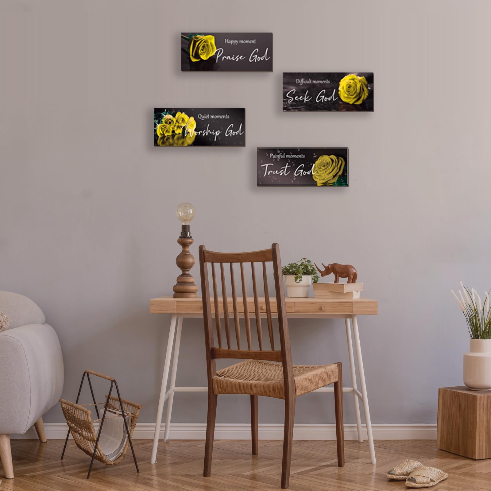 ONIZHITY 4Pcs Yellow Bathroom Decor Yellow Wall Decor Religious Bible Verse Rose Rustic Wooden Christian Sign for Home Bathroom