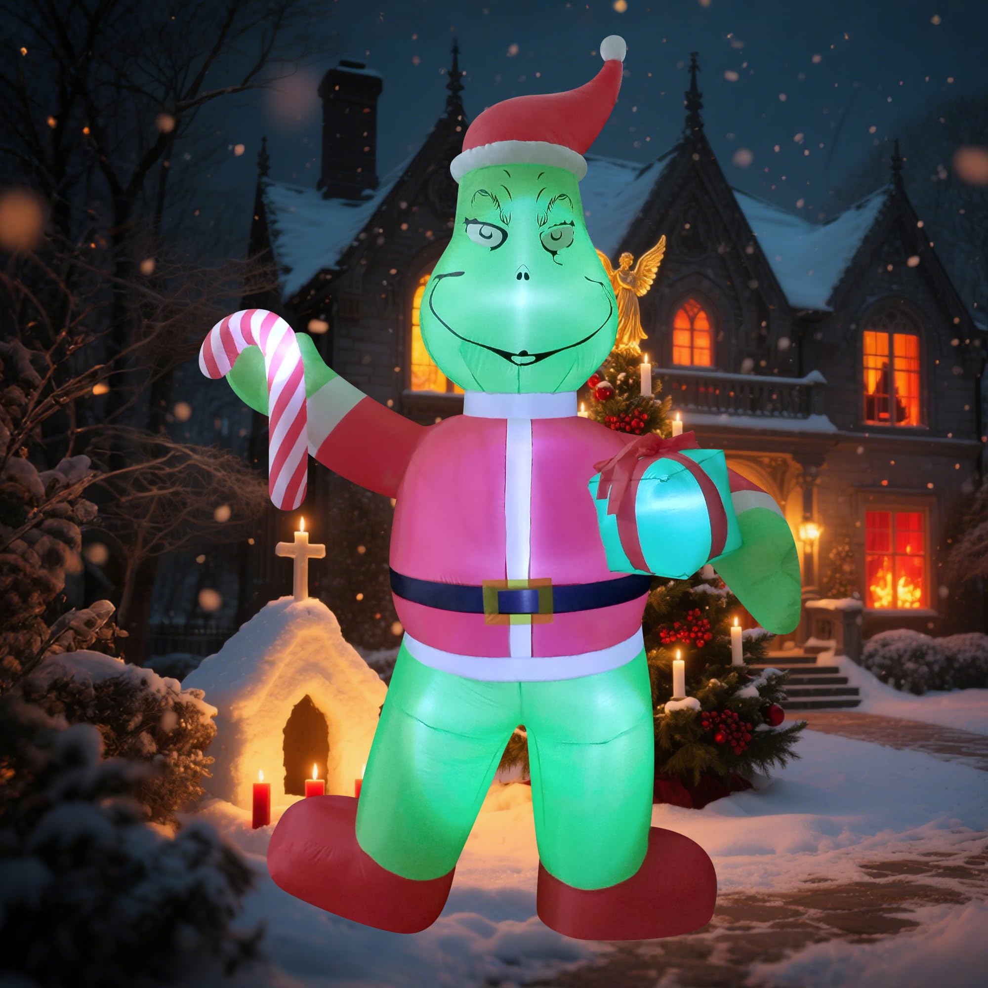 12ft Giant Christmas Inflatables Outdoor Decorations Blow up Santa Green Monster with Gift Box,Candy Cane, LED Lights for Yard D