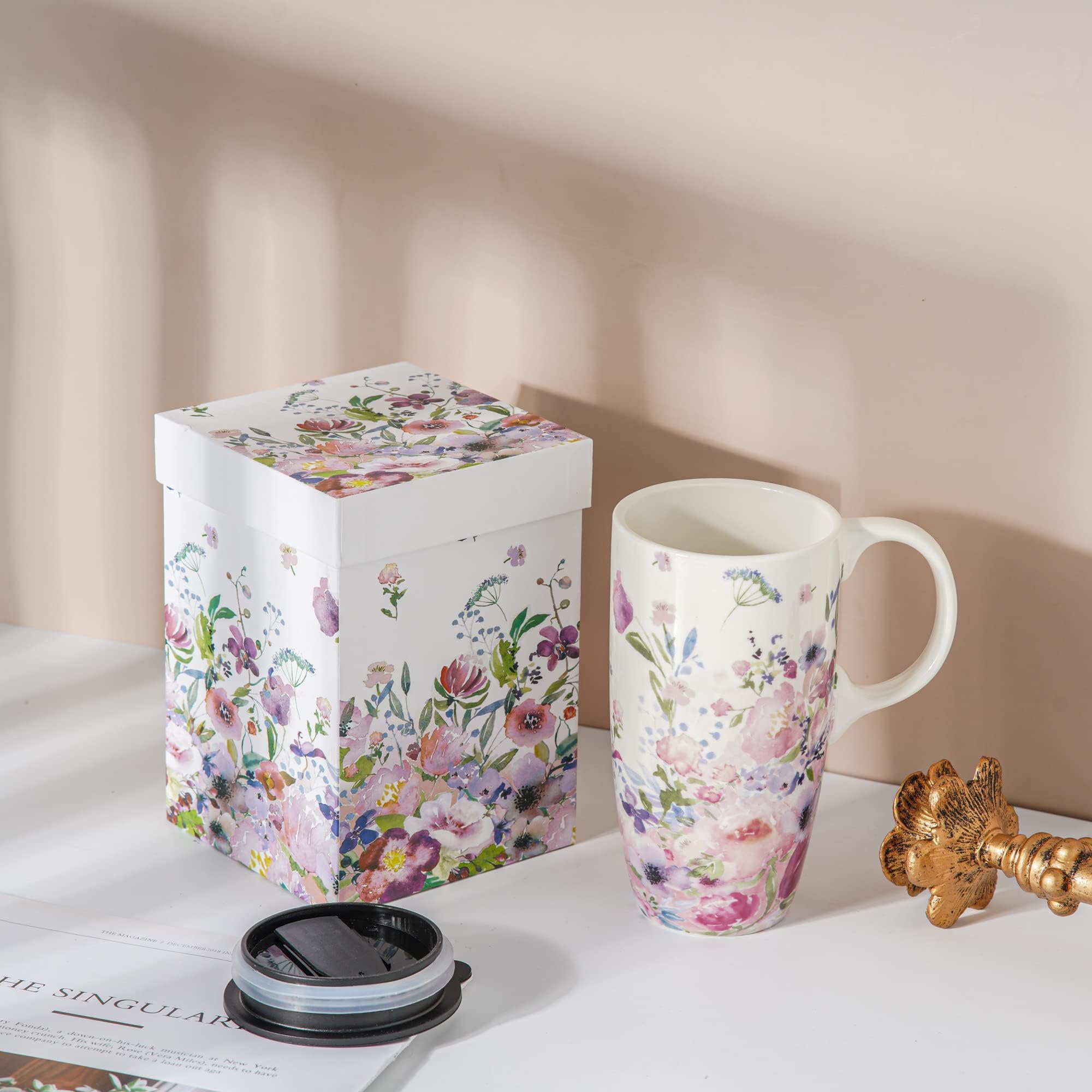 Dusvally Coffee Ceramic Mugs Travel Coffee Mug Porcelain Latte Tea Cup With Lid And Color Box 17Oz.Tall Coffee Mug,Pink Flower,V