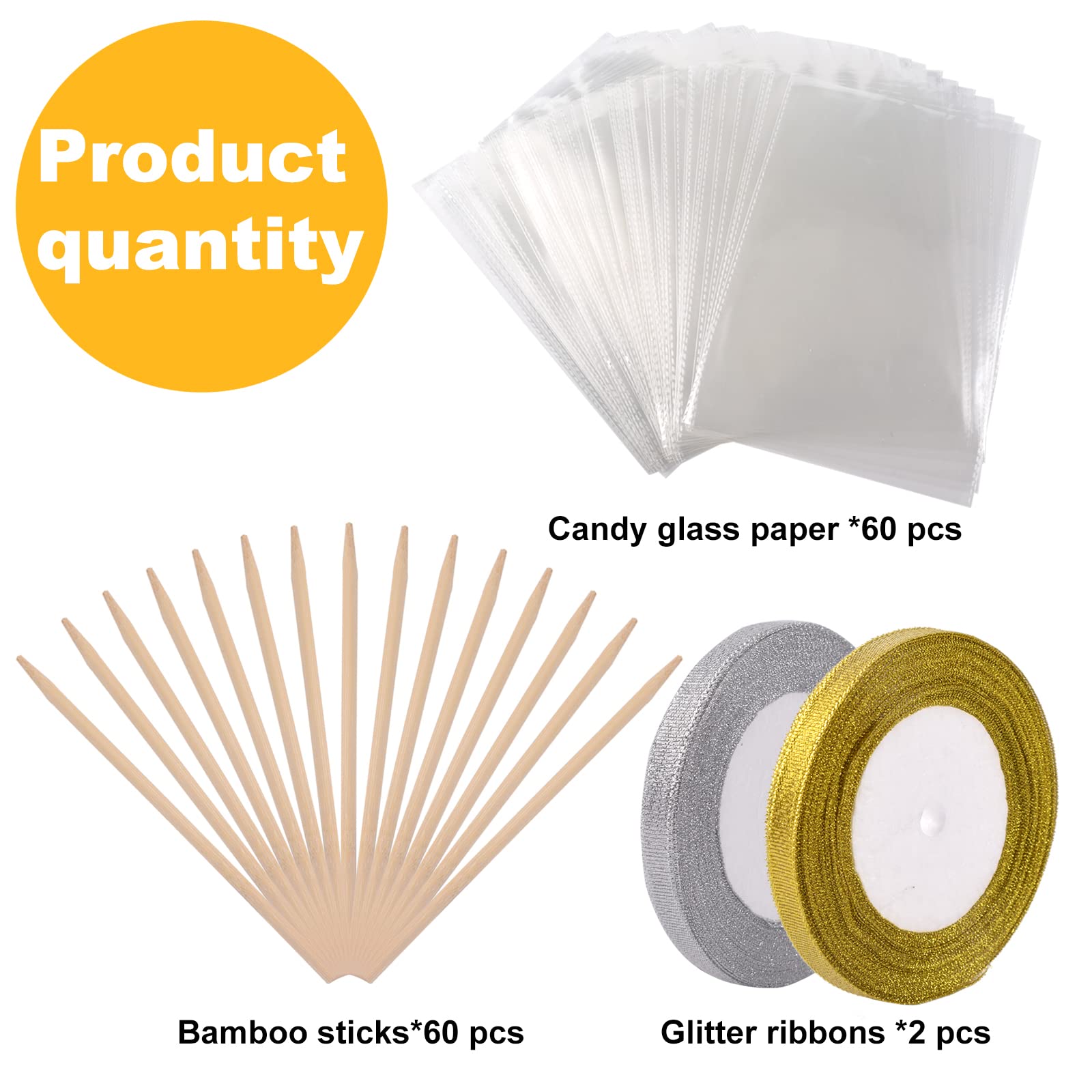 Goensjt Candy Apple Kit - 122 Pcs Set with 60 Bags & Bamboo Sticks, Gold & Silver Glitter Ribbon for Halloween & Birthday Parties