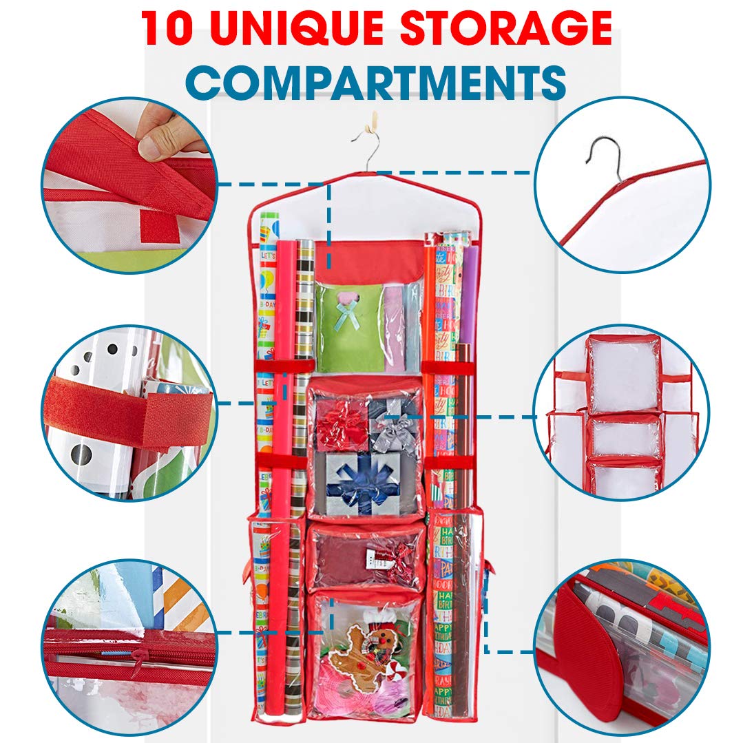 Propik Hanging Double Sided Wrapping Paper Storage Organizer With Multiple Pockets Organize Your Gift Wrap, Gift Bags Bows Ribbo