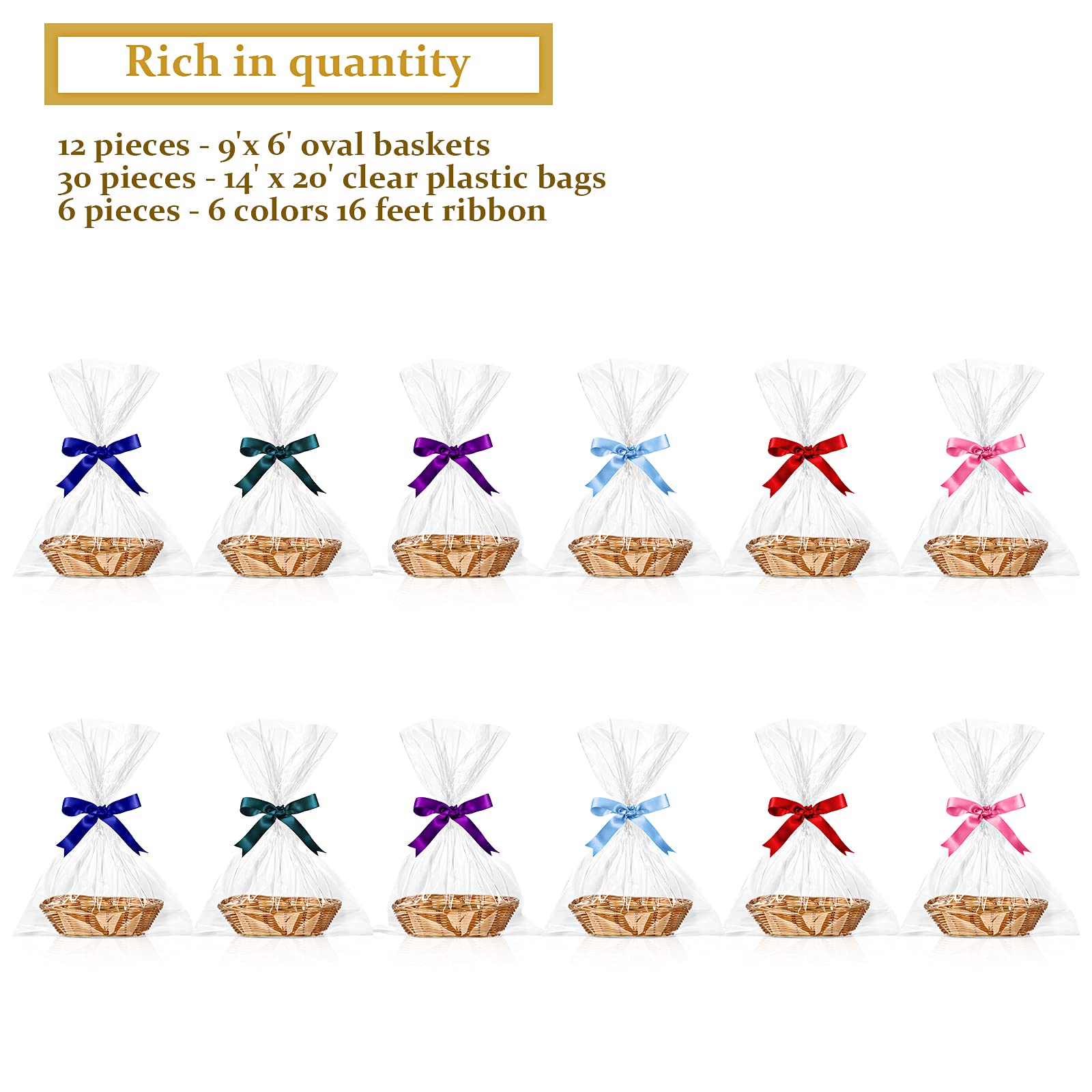12 Pieces Oval Basket Food Storage Basket Woven Empty Basket Fruit Basket Gift Baskets With 6 Rolls Colorful Ribbons And 30 Clea