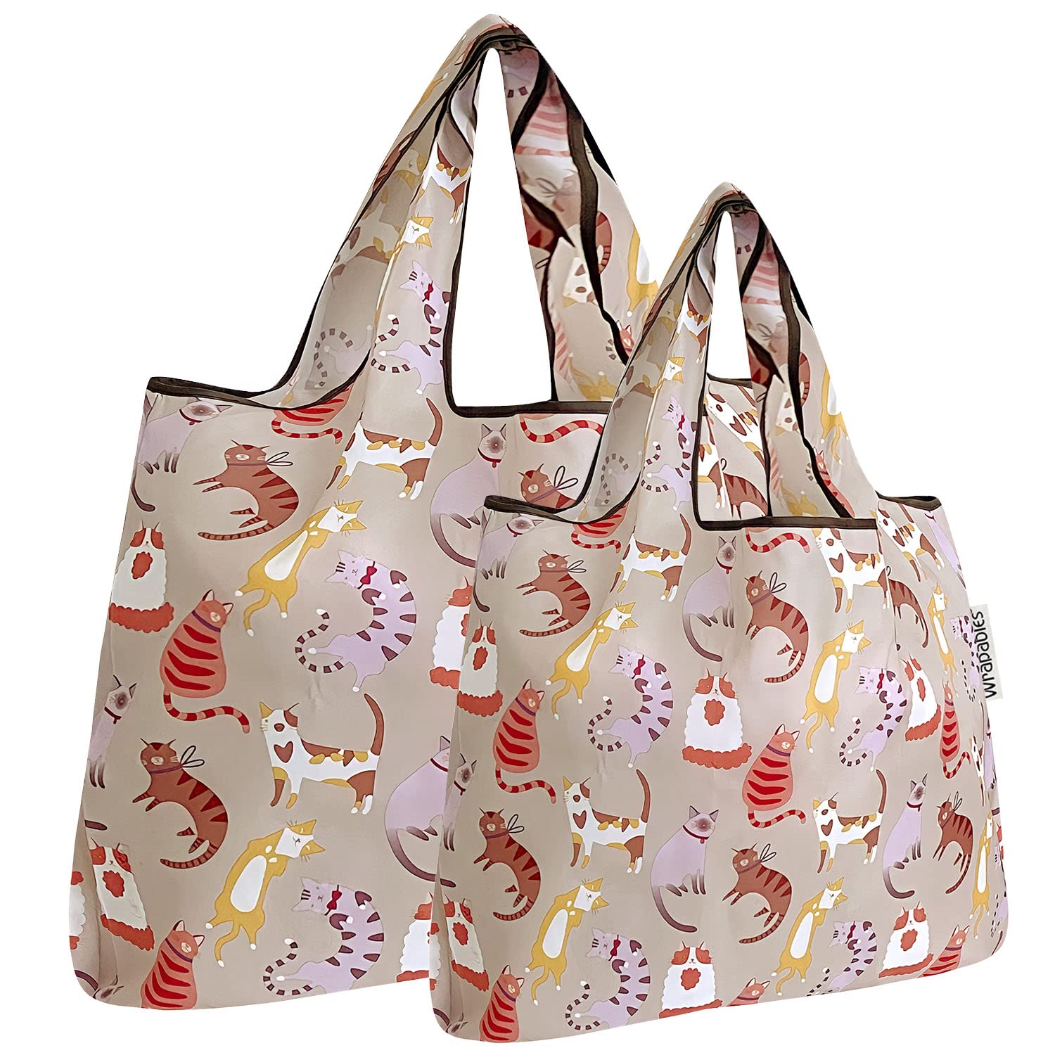 allydrew Large & Small Foldable Tote Nylon Reusable Grocery Bags, Set of 2, Neutral Felines