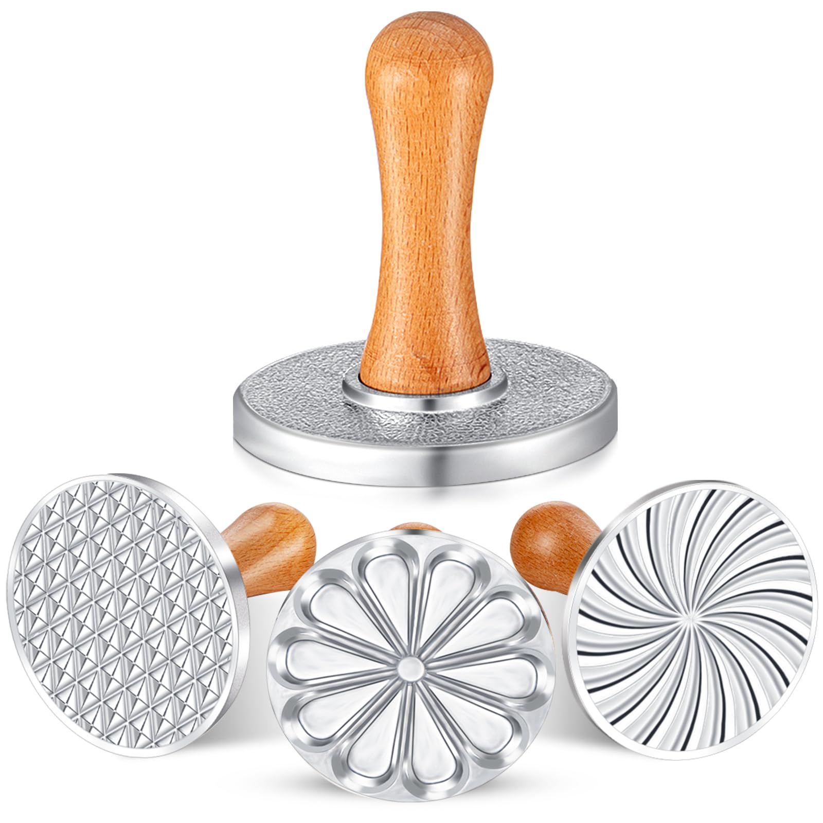 Wenqik 3 Pcs Cute Round Metal Cookie Stamp Press with Wooden Handle