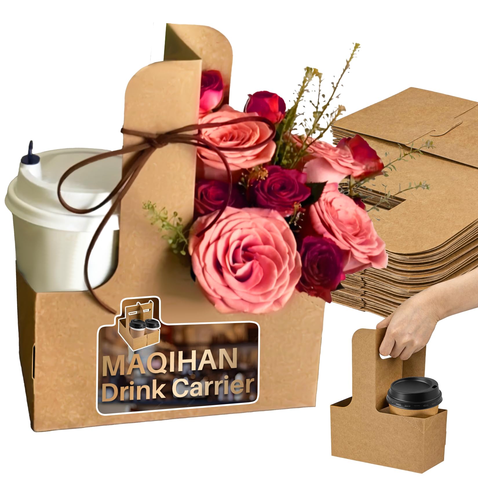 MAQIHAN 2 Cup Drink Carrier with Handle - 12Pcs Disposable Paper Cardboard Coffee Cup Holder Portable Drink Caddy Cup Carriers t