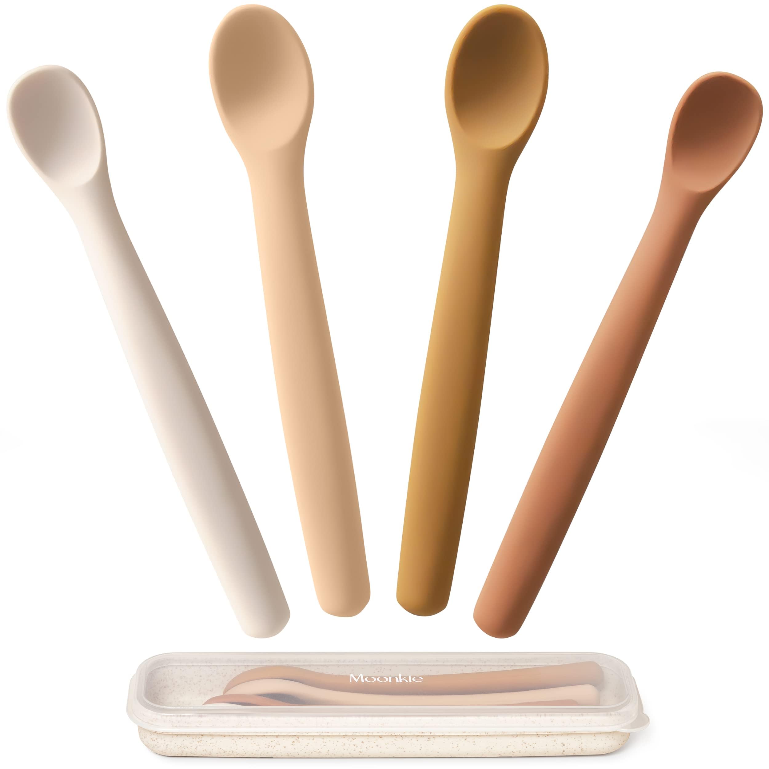 Moonkie Silicone Baby Spoons Set of 4, Two Sizes Feeding Spoon for First Stage 4+ Months, Baby Utensils with Case, Toddler Led W