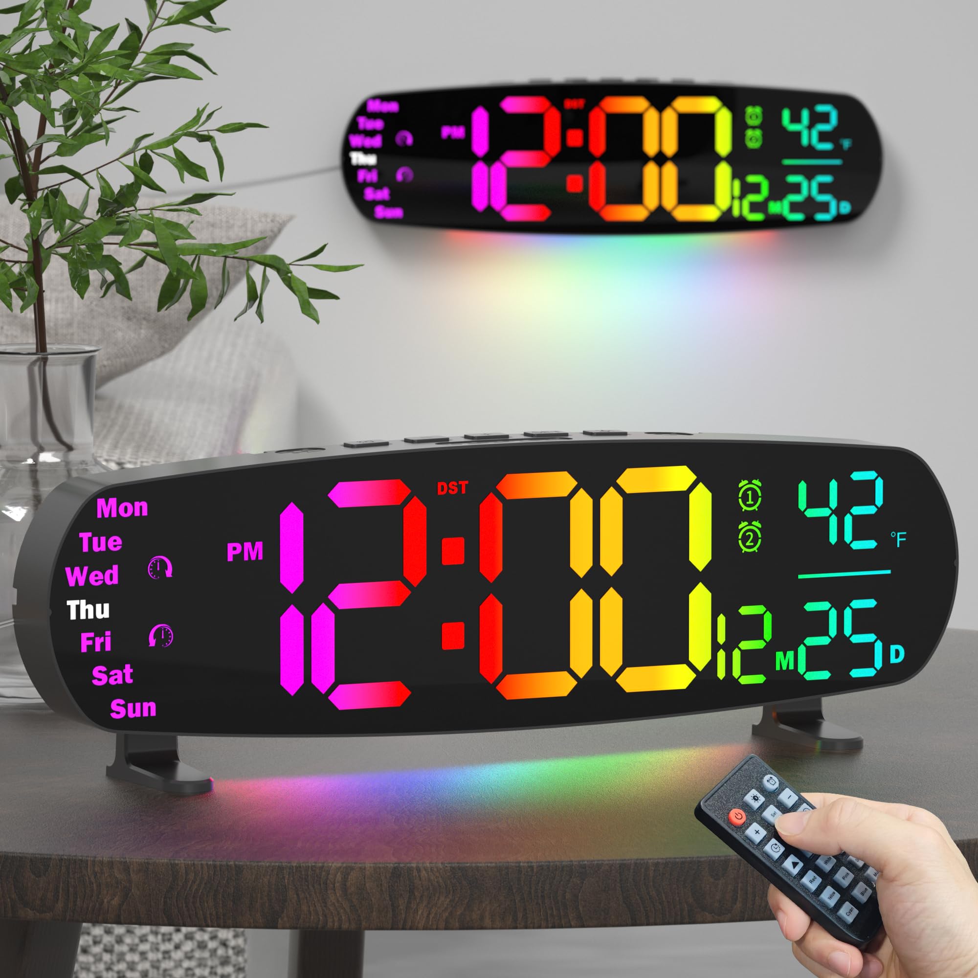 13.7 Digital Wall Clock Desk Clocks With Temperature, 11 Rgb Colors, Night Lights, Alarms, Auto Dimming, Timer, Dst, Remote Cont