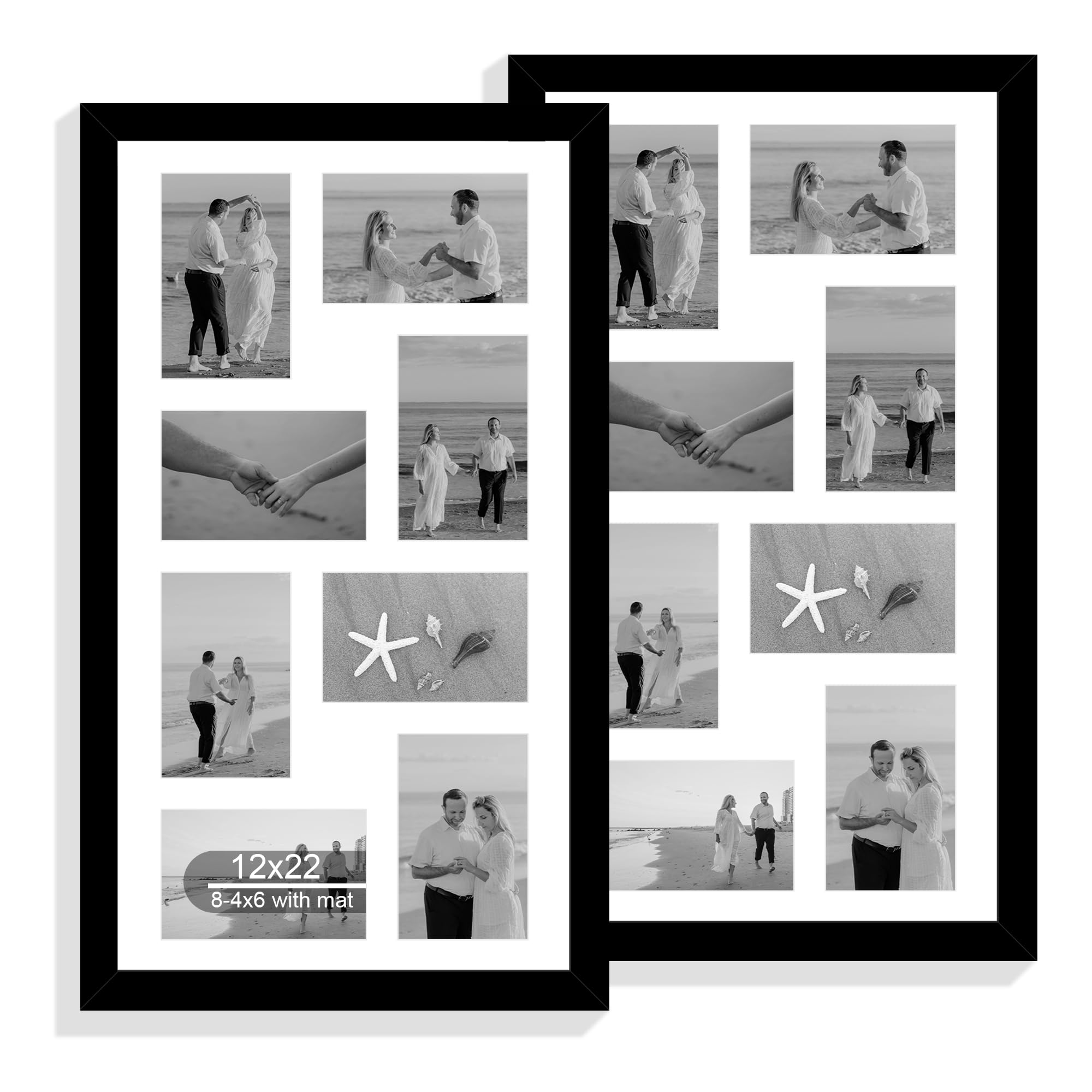 Hongkee 12x22 Picture Frame Set of 2, Black with Glass Collage Frame, Display Eight Opening 4x6 Photos With Mat or 12 x 22 Newsp