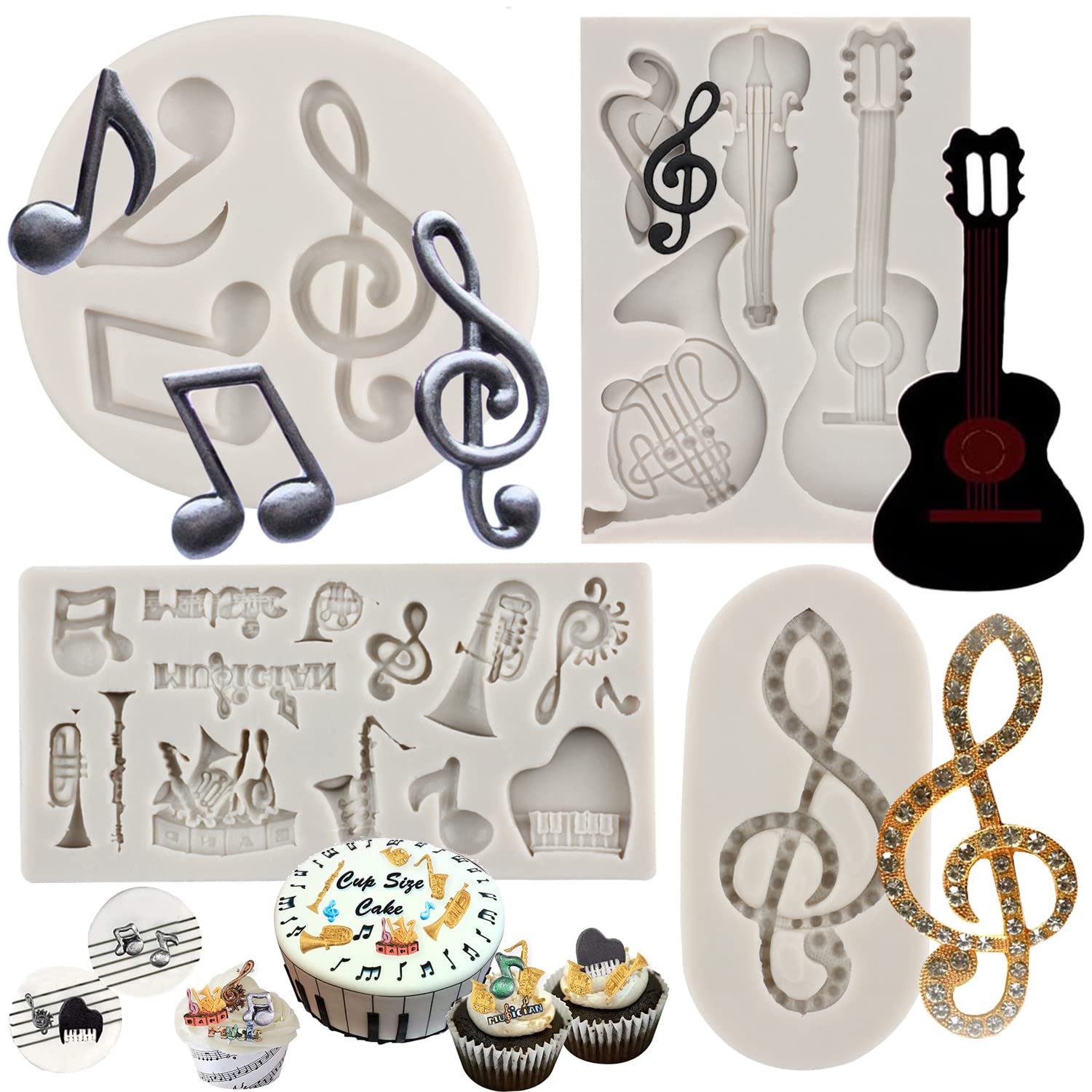 Sijiangmold Music Note Fondant Molds Musical Instruments Silicone Molds Boombox Microphone Radio Guitar Mold For Cake Decoration