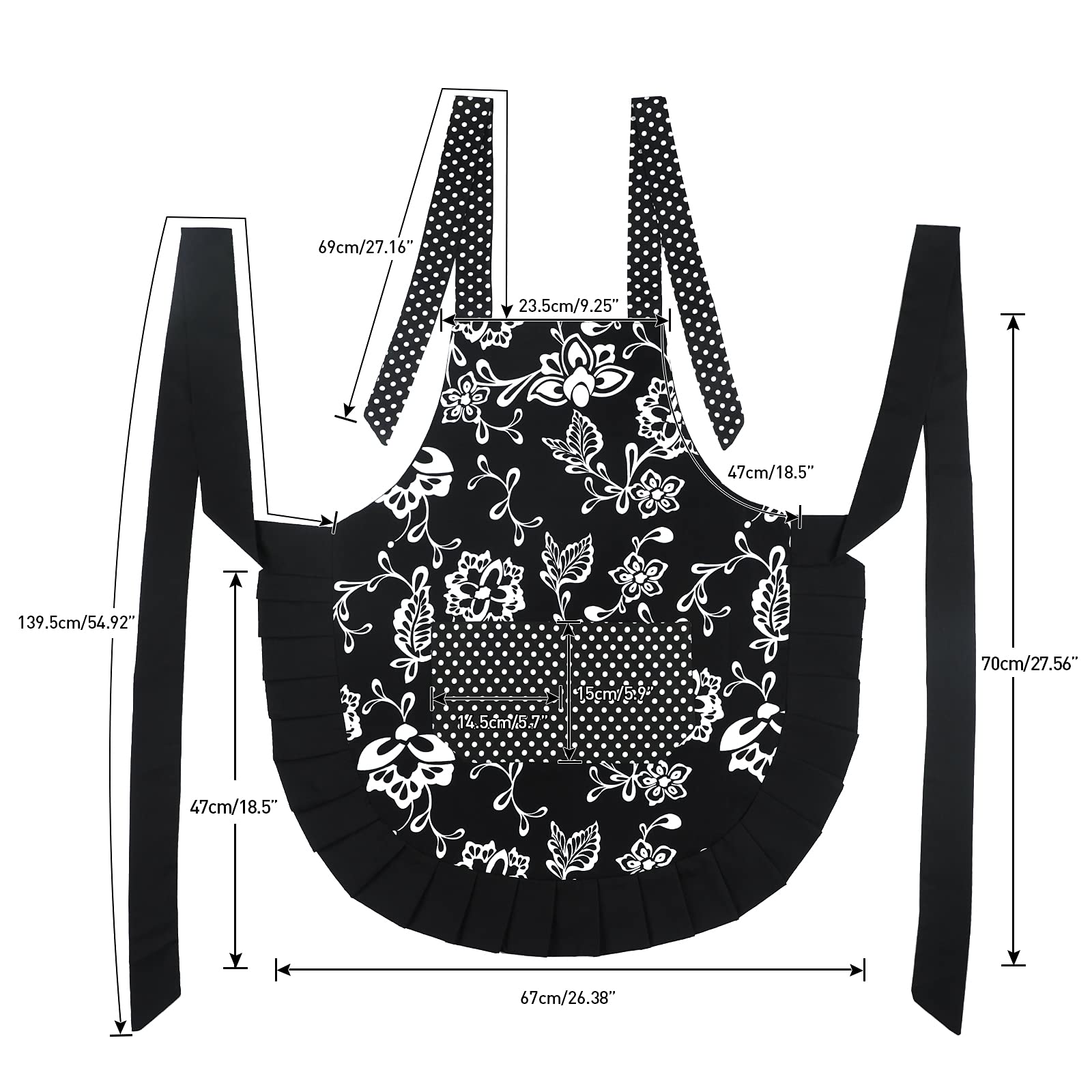 G2PLUS Cotton Floral Apron for Women, Extra Long Ties, 29x21 inch, Black, Model COMINHKPR108433, Ideal for Cooking, Baking, Gardening