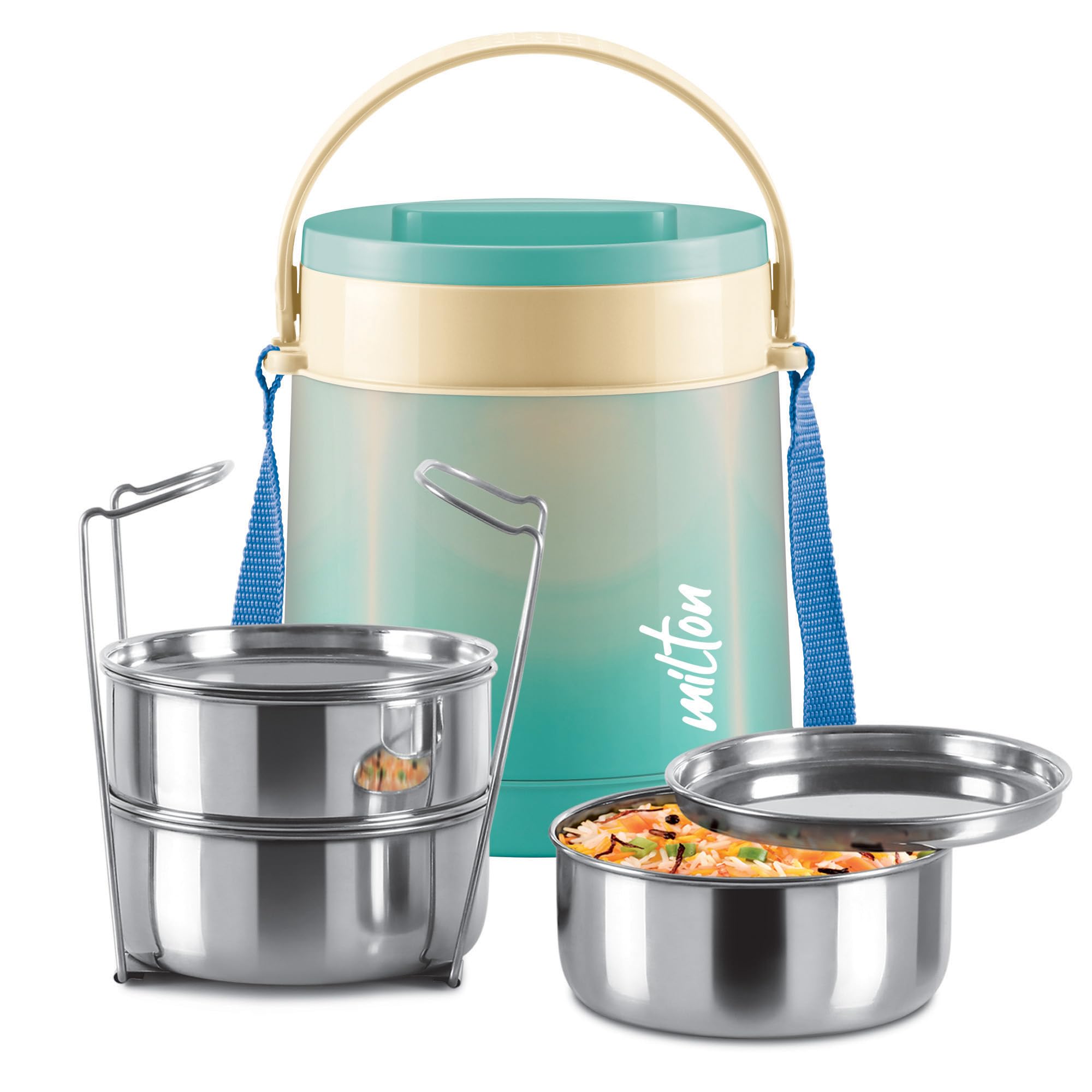 Milton Gradient Tiffin 3 Stainless Steel Tiffin With Lifter, 3 Container, 900 Ml, Aqua Green | Pu Insulated | Food Grade | Easy 