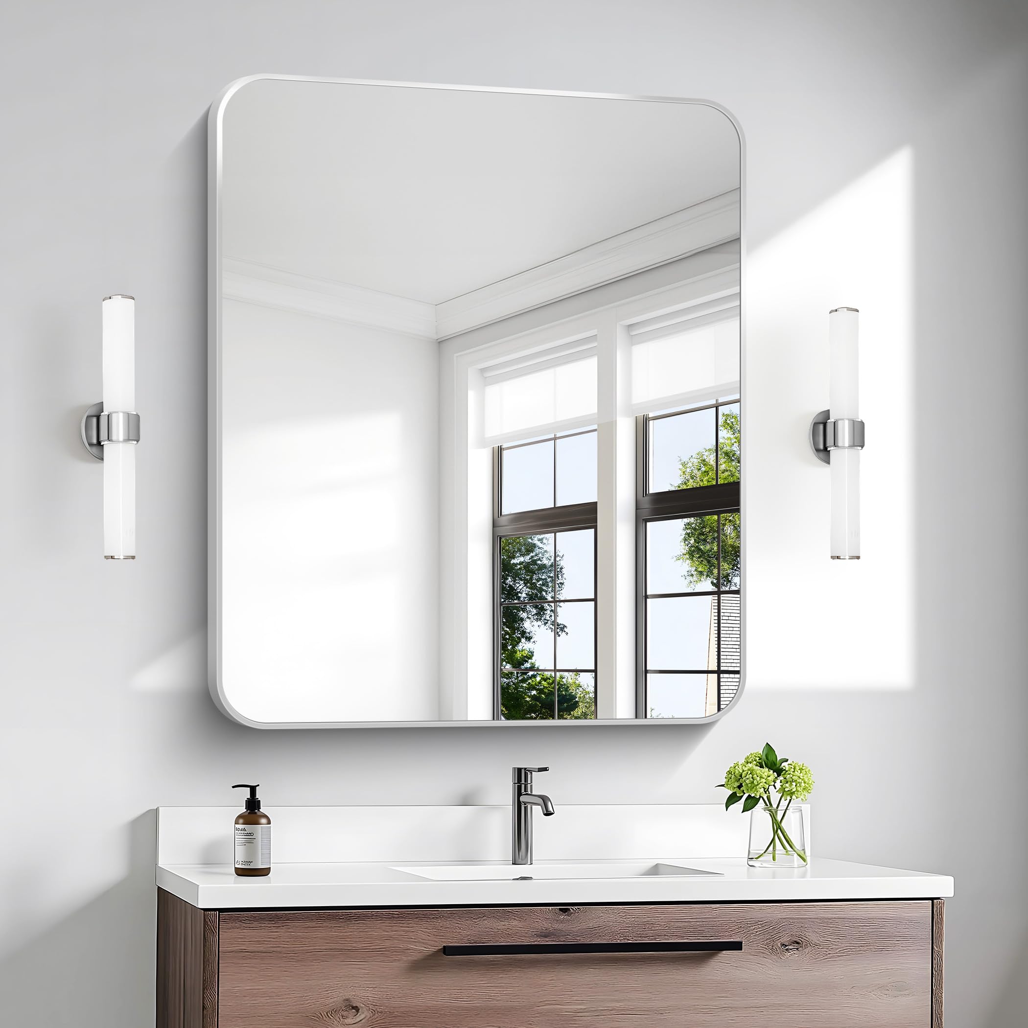 BONEWEI Silver Bathroom Mirror,30x36 inch Wall Mirror for Bathroom Wall Mounted,Rectangle Mirror for Bathroom Over Sink,Modern F