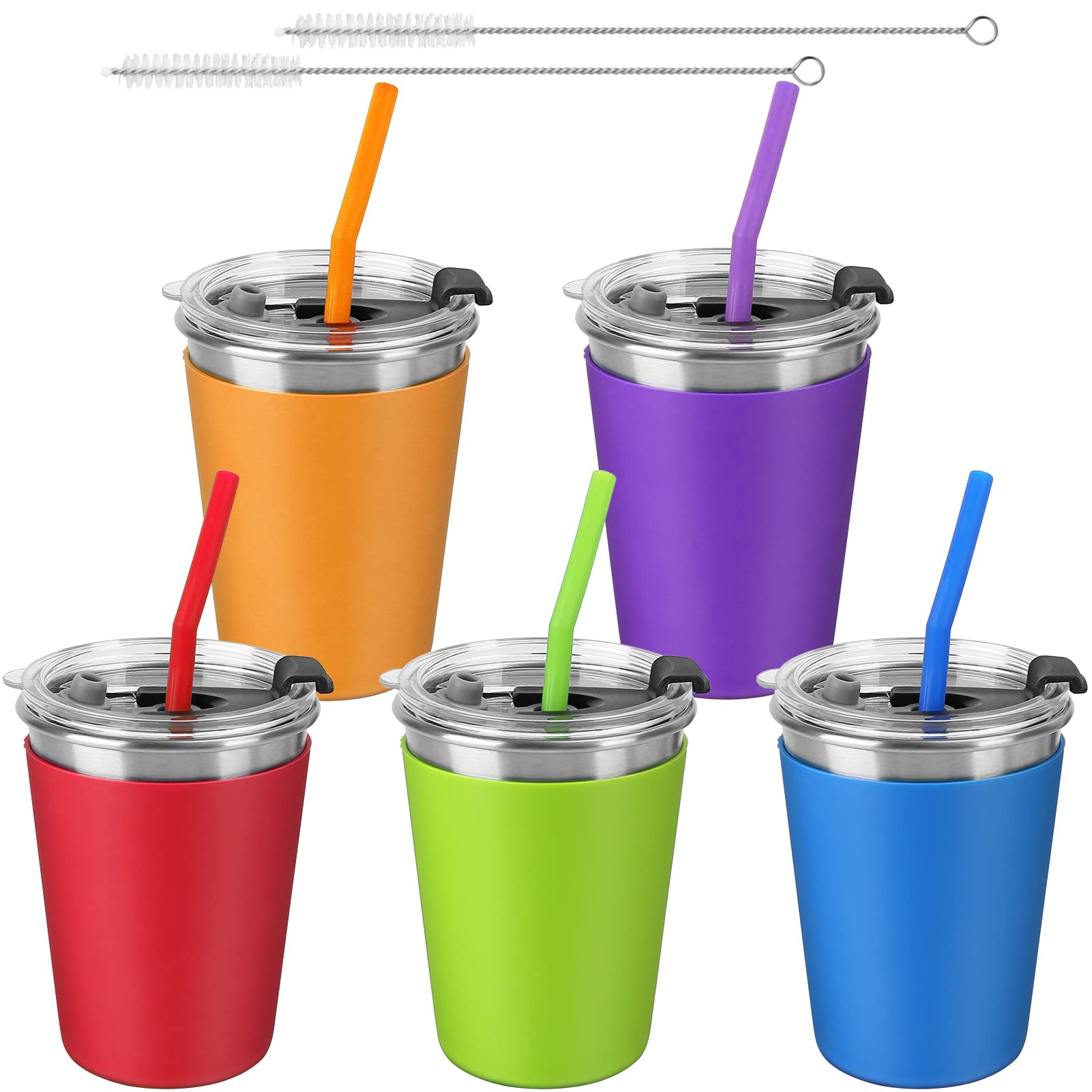 5Pack Kids Cups With Straws And Lids Spill Proof, 12Oz Toddler Straw Cups With Colorful Silicone Sleeves, Unbreakable Stainless