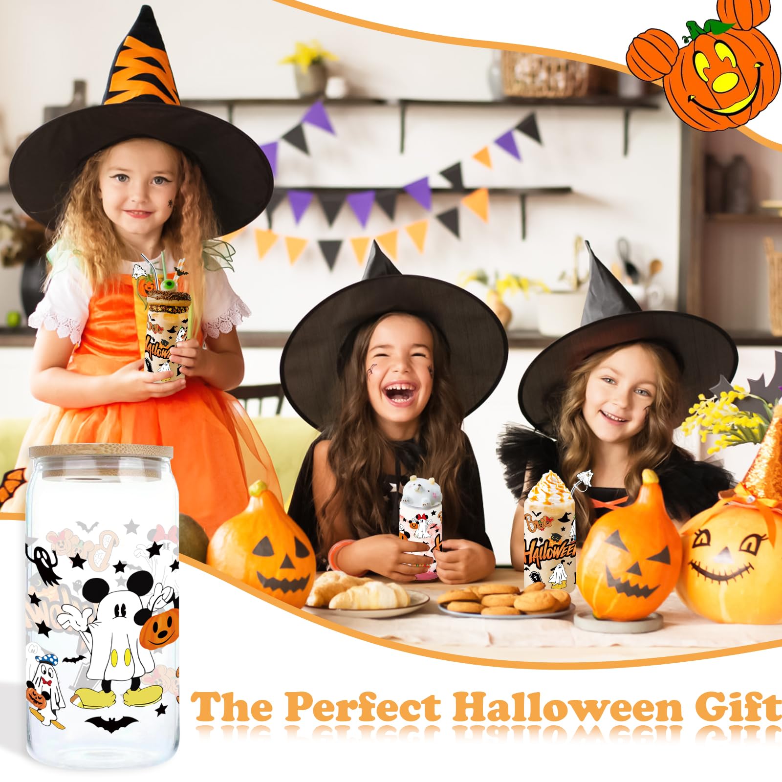 qiyeyeye 16oz Halloween Ghost Glass Cups with Lids and Straws, Cute Mouse and Pumpkin Pattern Design, Iced Coffee Tumblers,Hallo