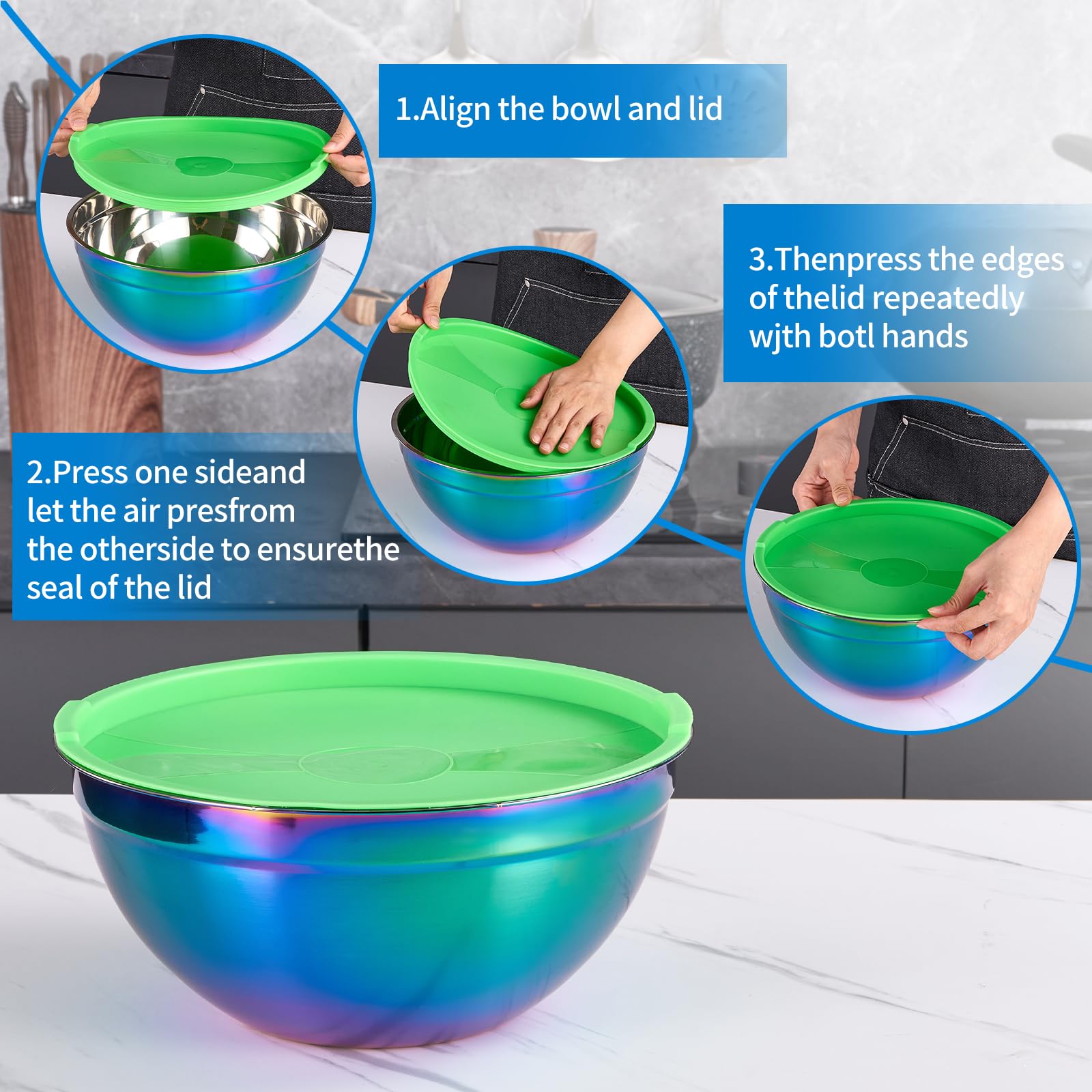 Onlycooker Rainbow Mixing Bowls - 4 Piece Stainless Steel Set, Airtight Lids, Stackable Design, Sizes 5.5QT, 3.6QT, 2.1