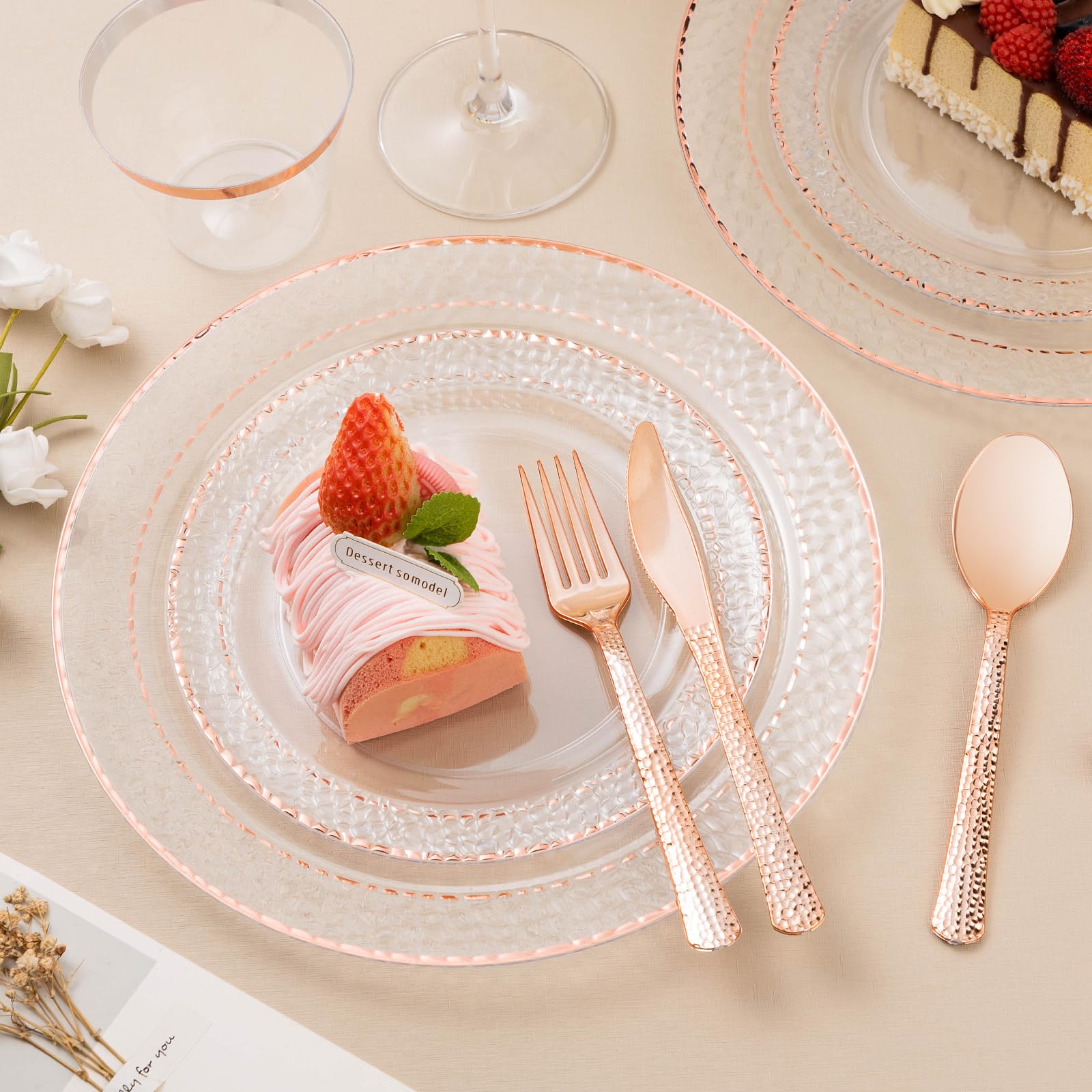 Bestluck 350Pcs Clear Plastic Plates With Rose Gold Trim For 50 Guests, Disposable Dinnerware Set For Party, Valentine'S Day, In
